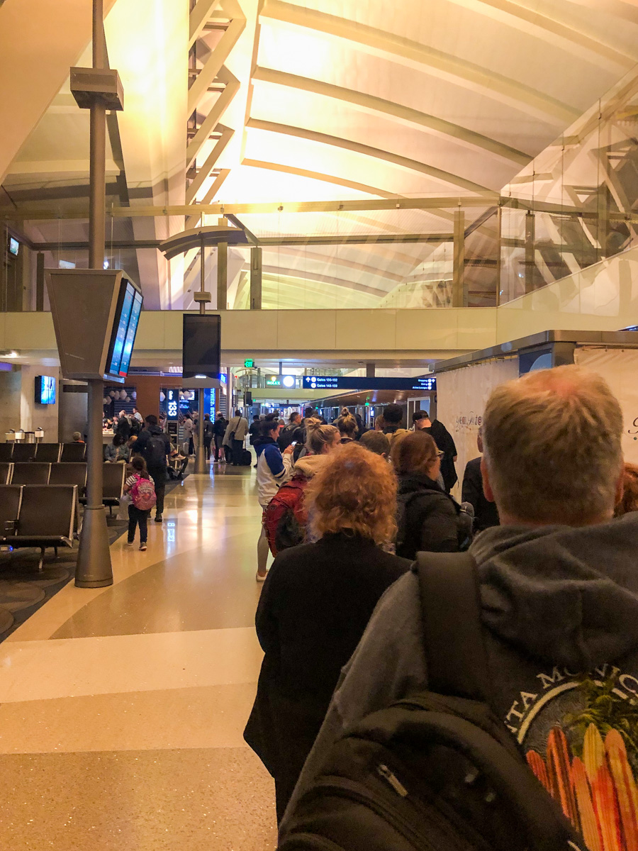 Virgin Australia Boeing 777 Premium Economy queue for hotel transfer