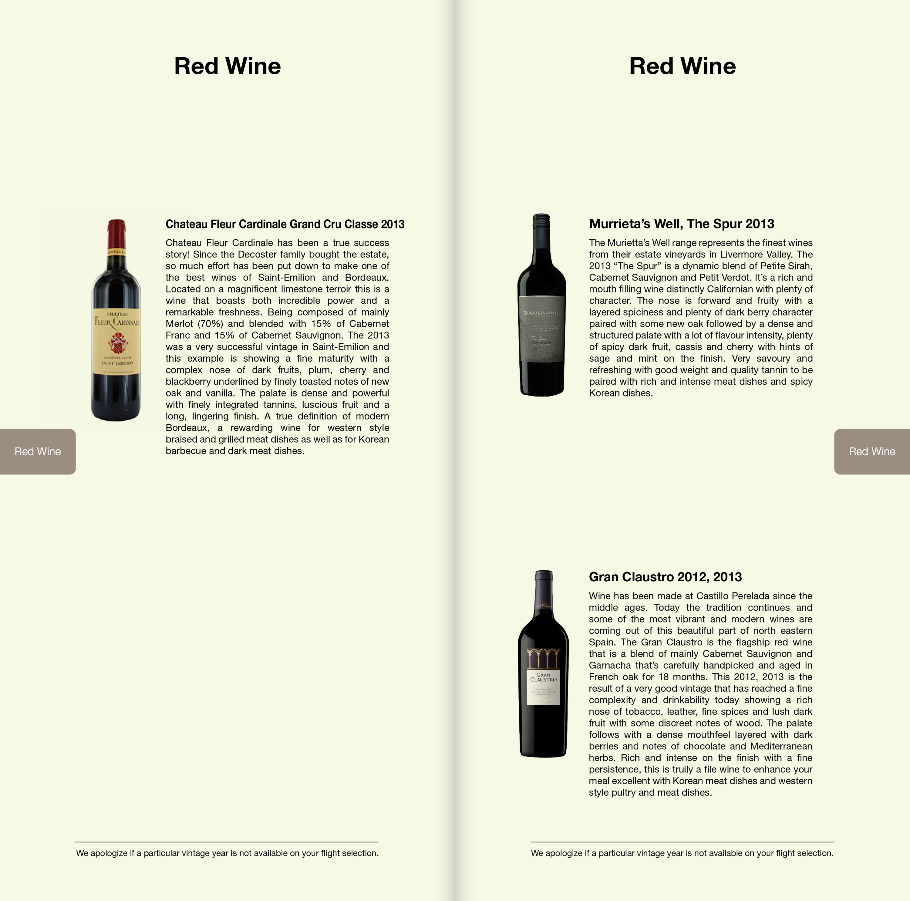 Asiana Airlines A380 First Class Red Wine List - Cherag Dubash