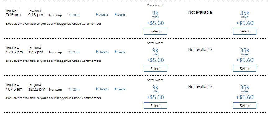 Award Availability for Chase United Cardmembers