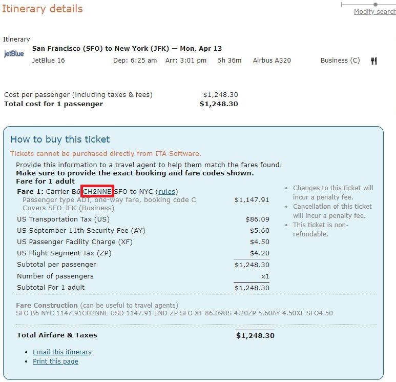 ITA Matrix Search for Booking Codes JetBlue Example