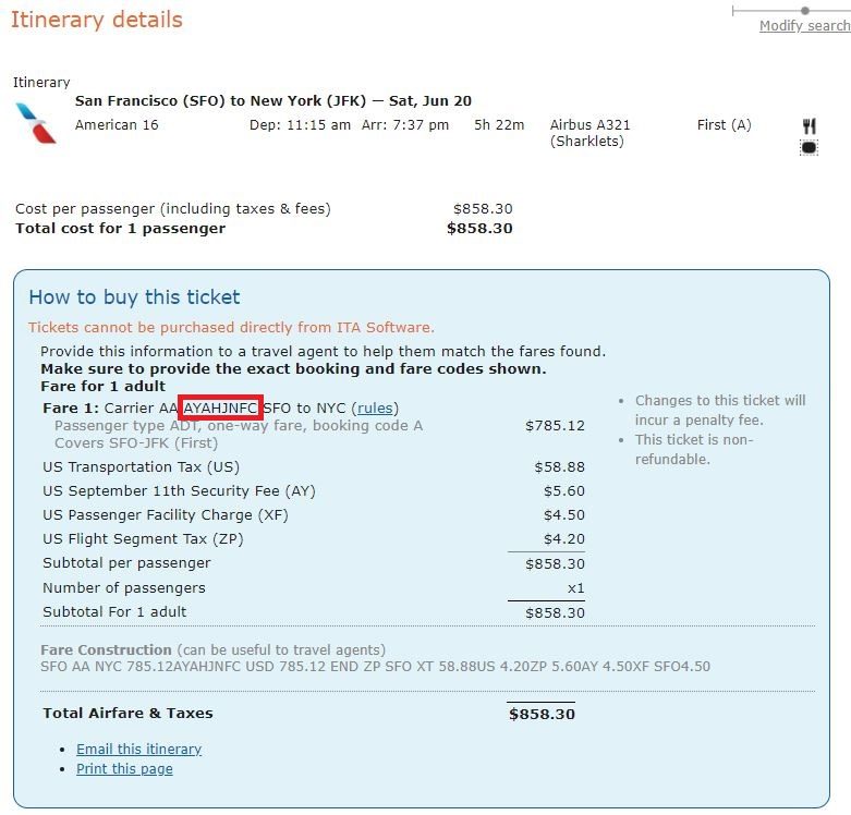 ITA Matrix Search for Booking Codes