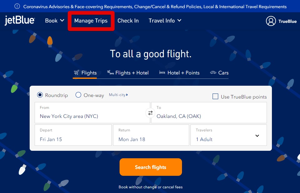 JetBlue Manage Trips