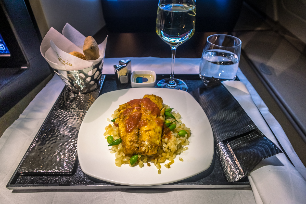 Etihad Airways Airbus A380 Business Class - Dining Sea Bass Mash