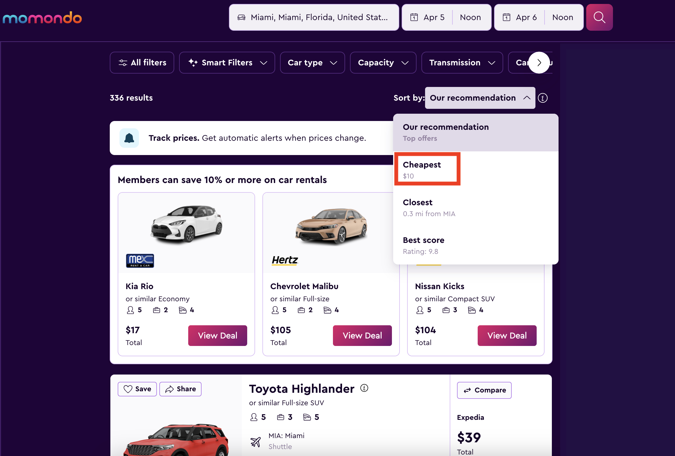 Momondo car rental search