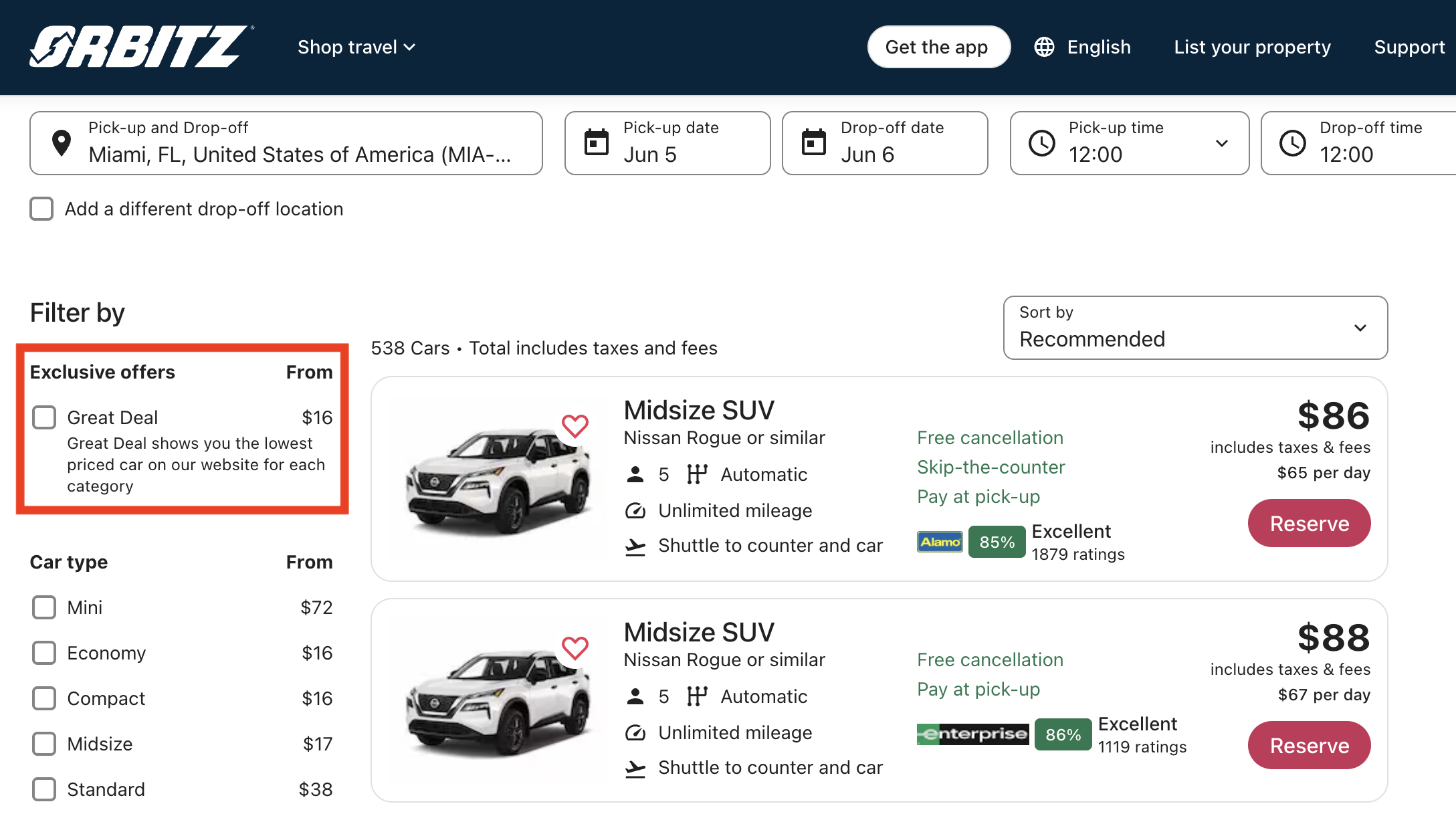 Orbitz car rental great deal