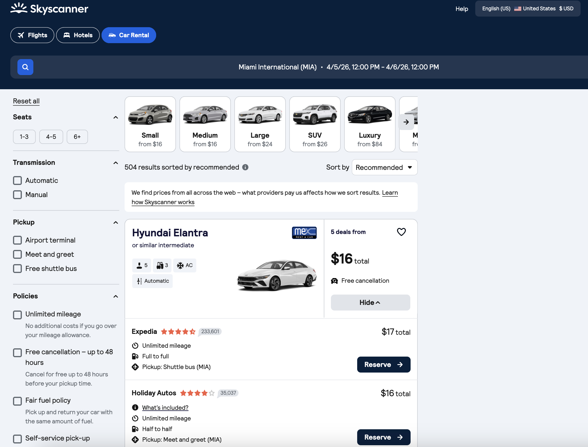 Skyscanner car rental search results