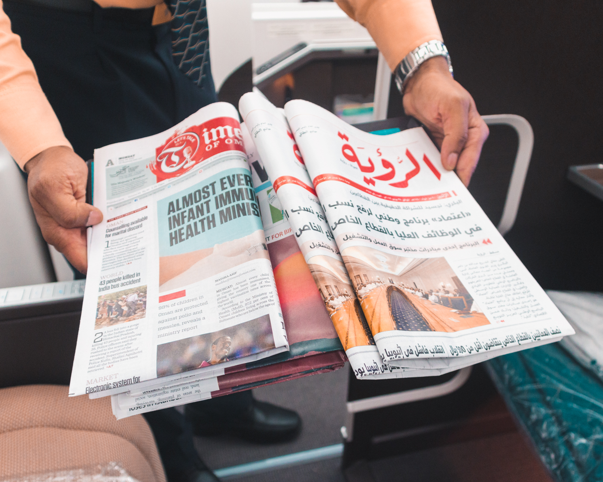 Oman Air Boeing 787-9 Business Class Newspapers