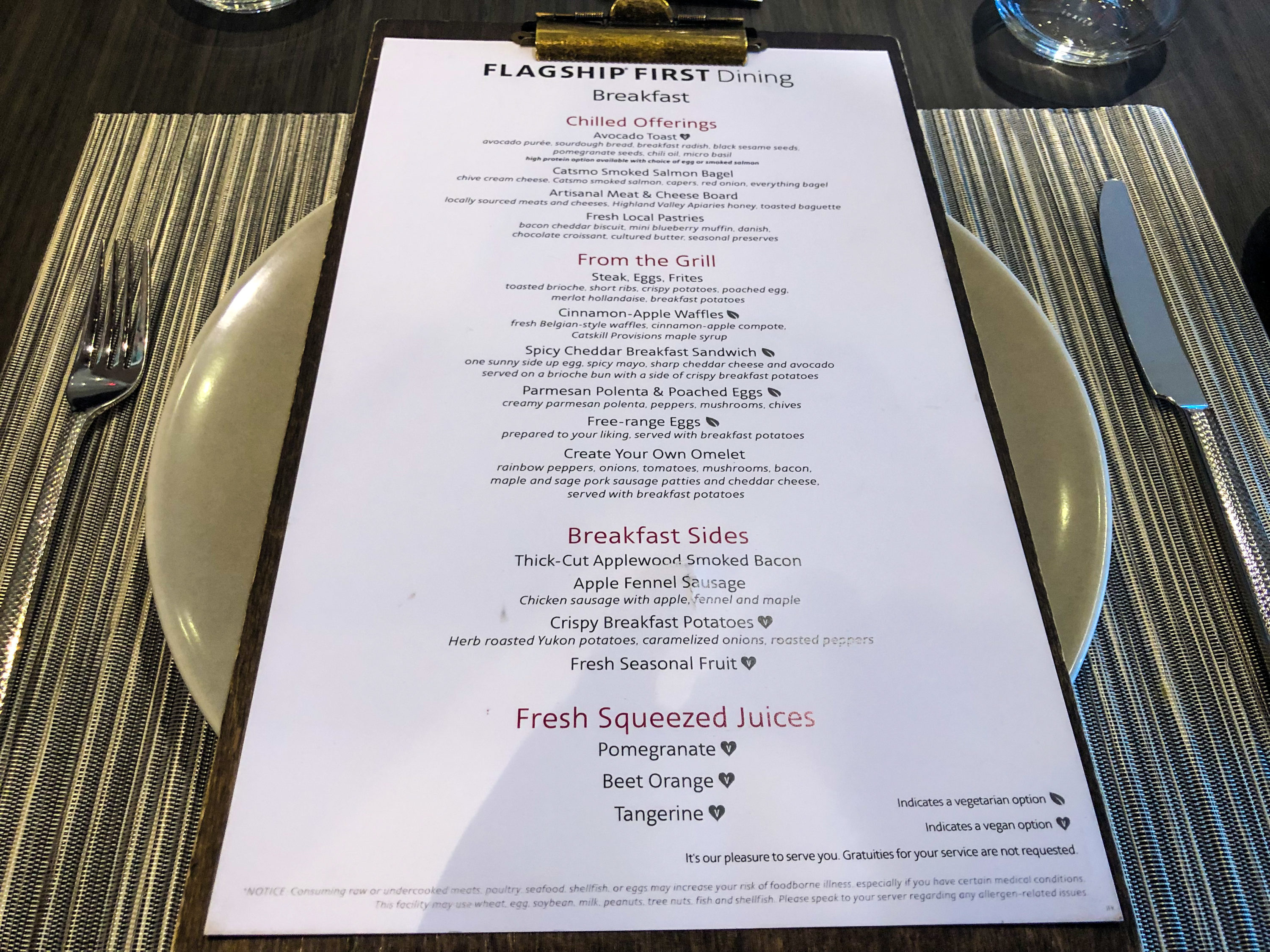 American Airlines Flagship First Dining JFK breakfast menu