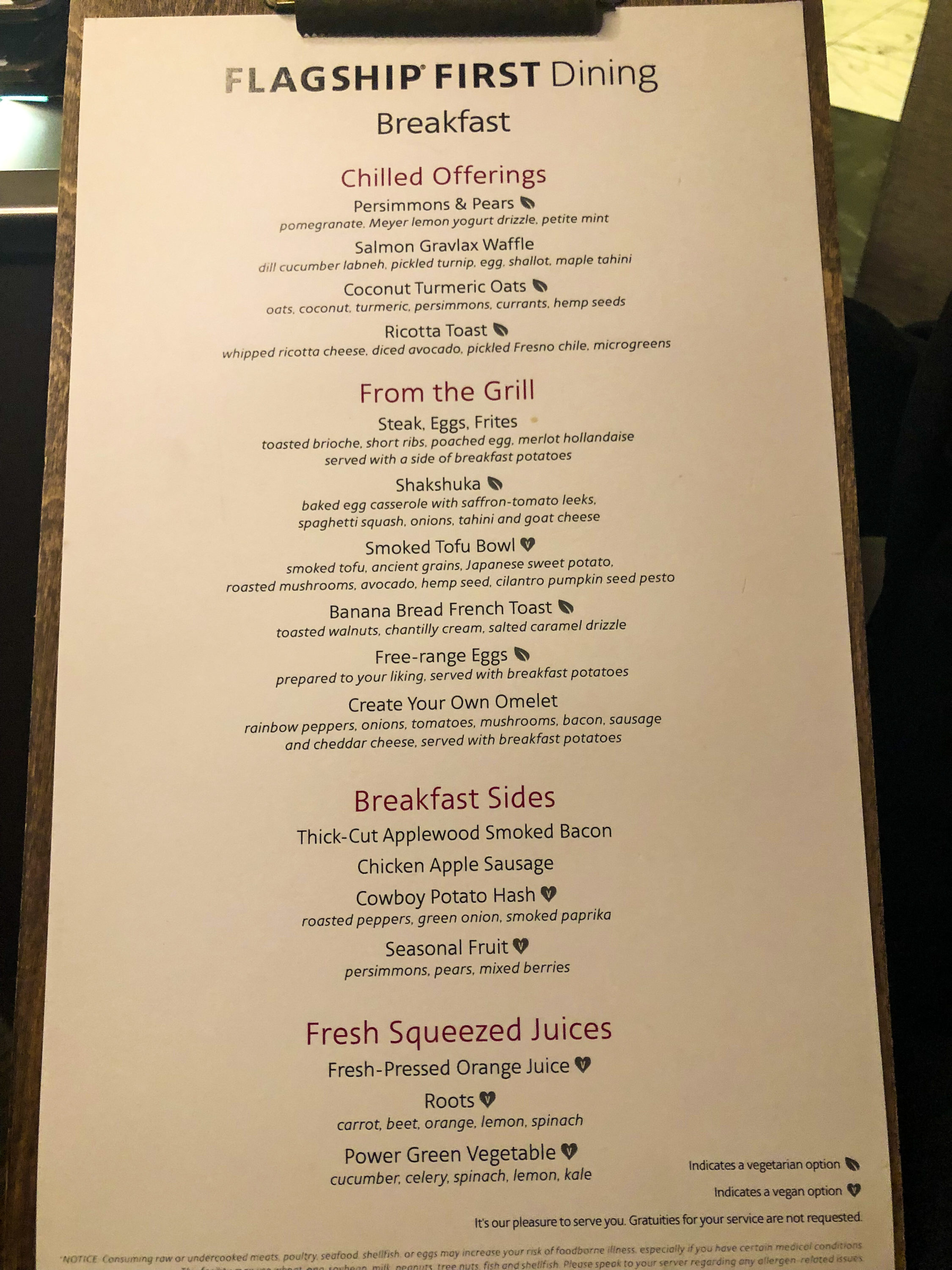 American Airlines Flagship First Dining LAX breakfast menu