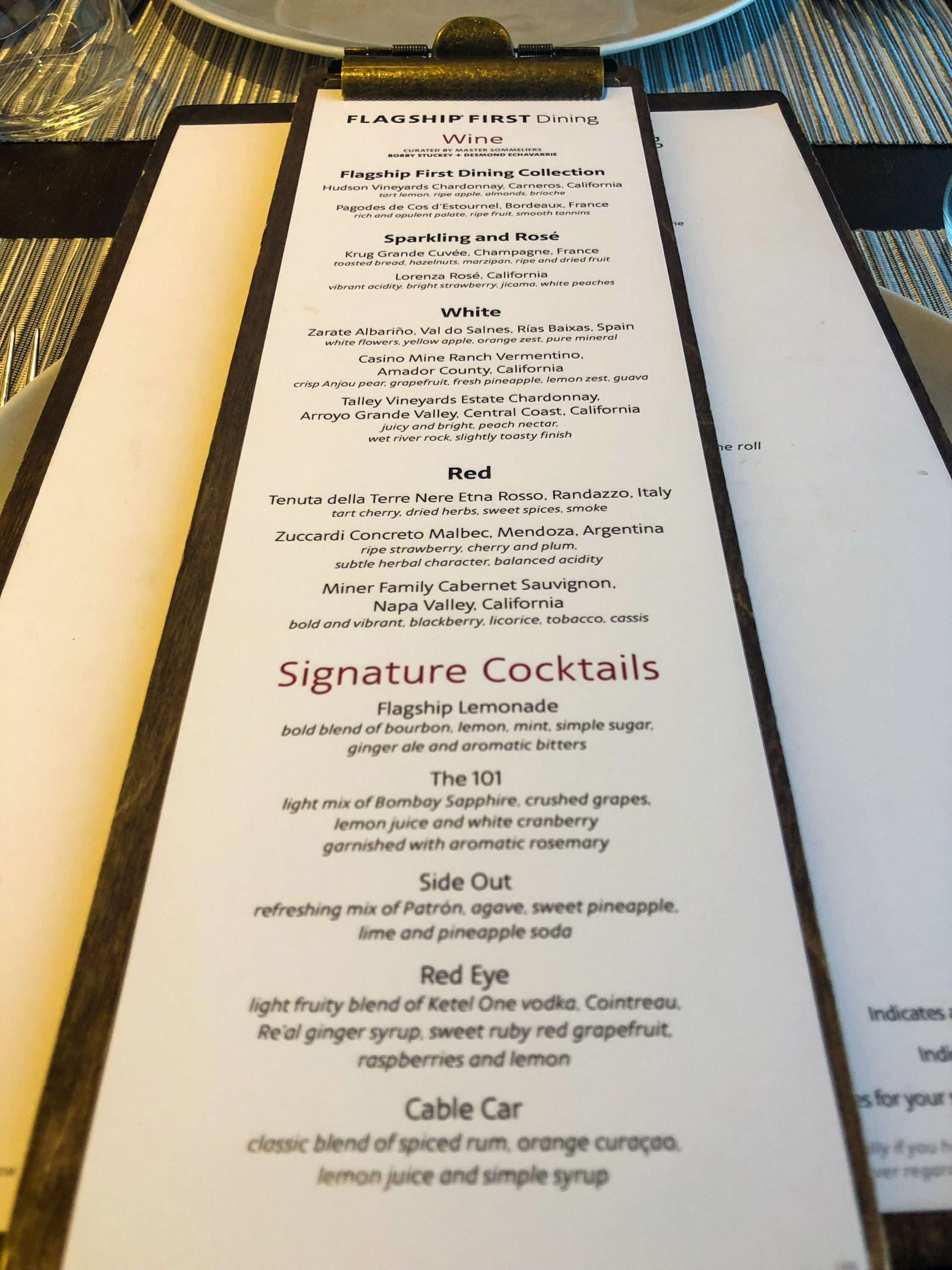 American Airlines Flagship First Dining LAX drink menu close-up