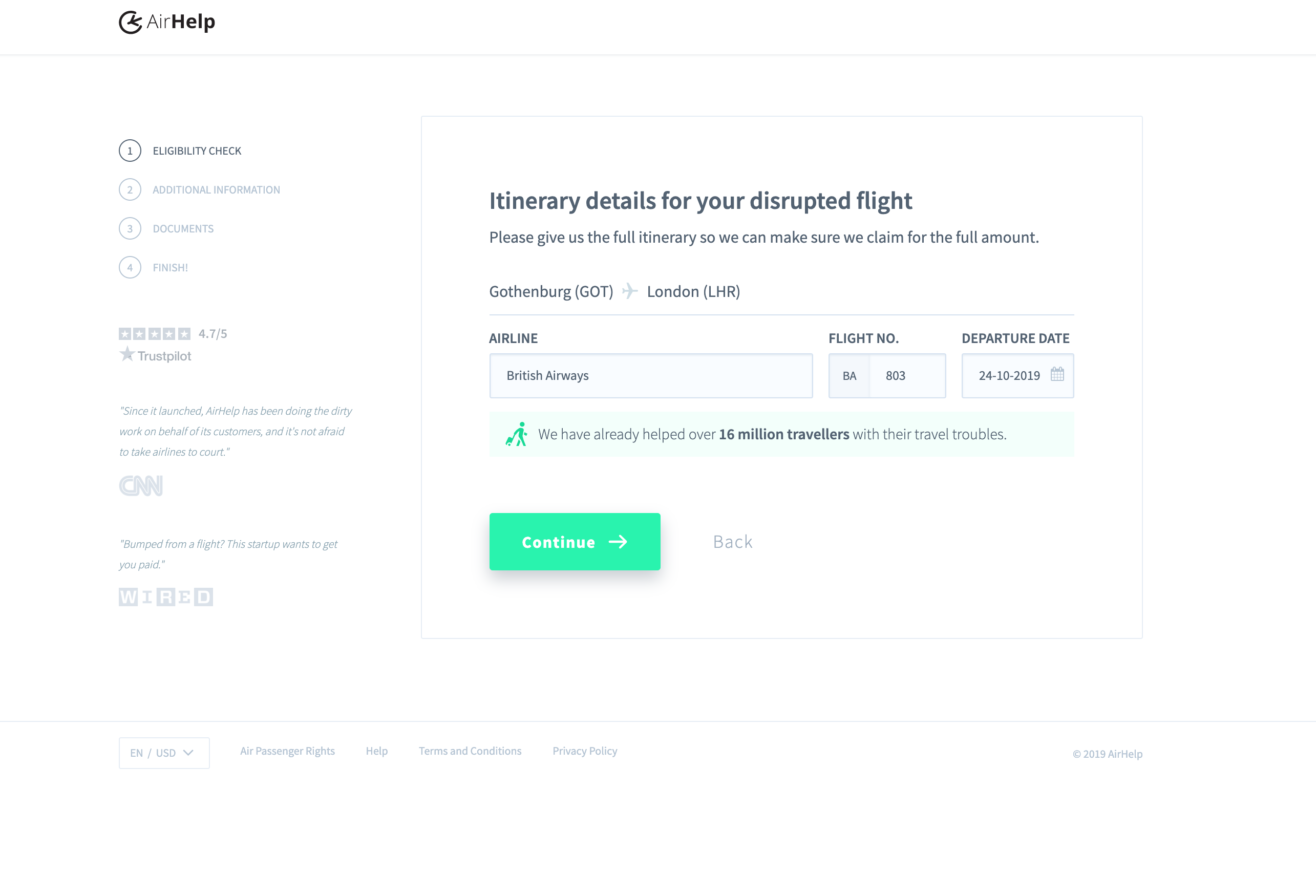 Entering Flight Details into AirHelp