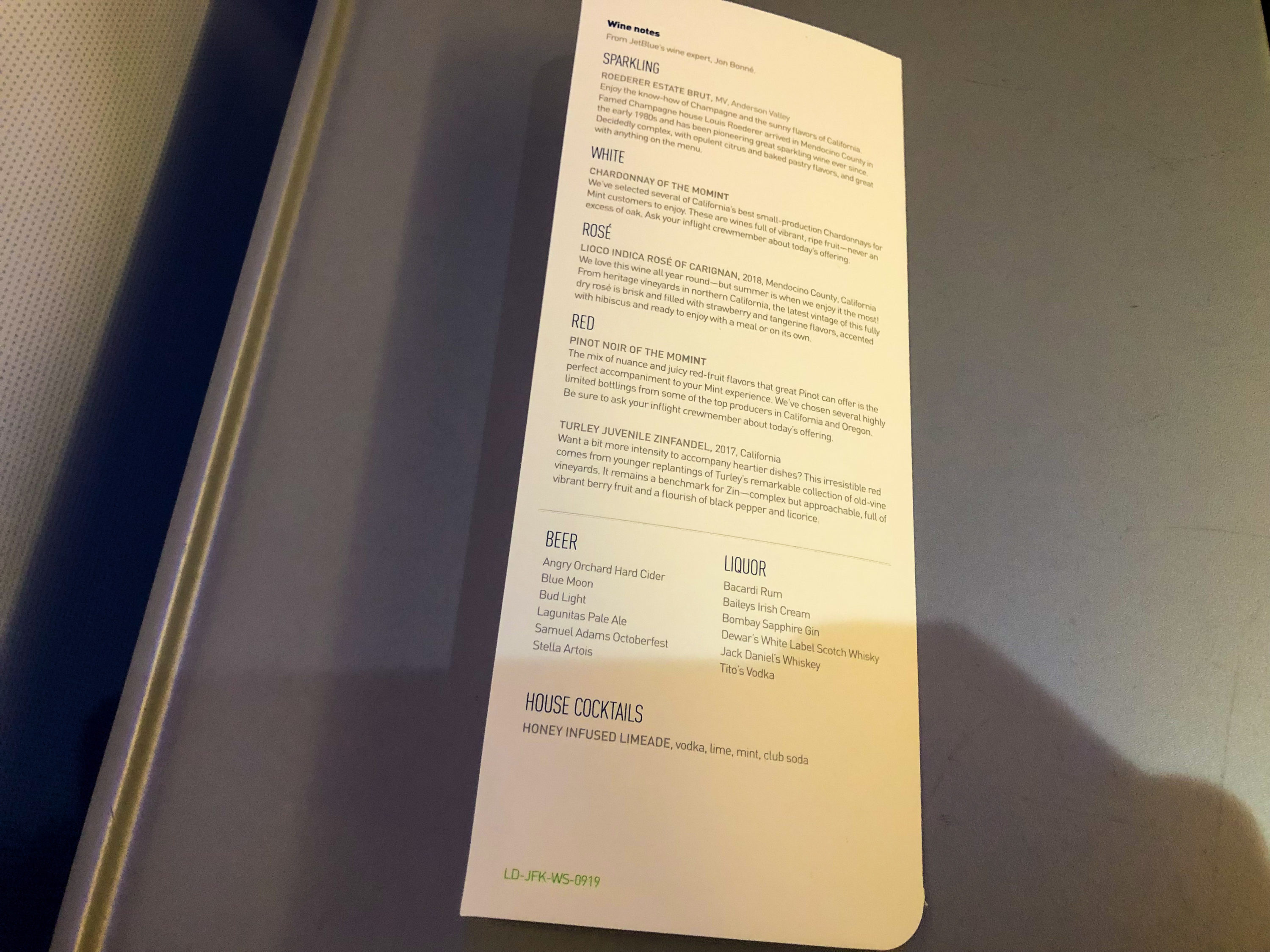 JetBlue Mint A321 menu continued