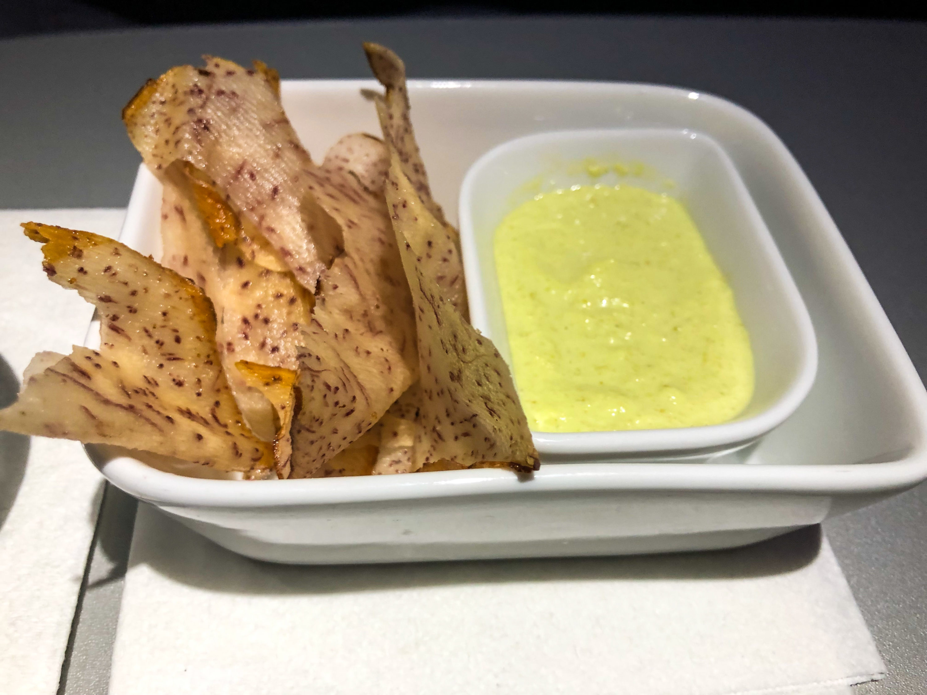 JetBlue Mint A321 taro chips with green aioli dip