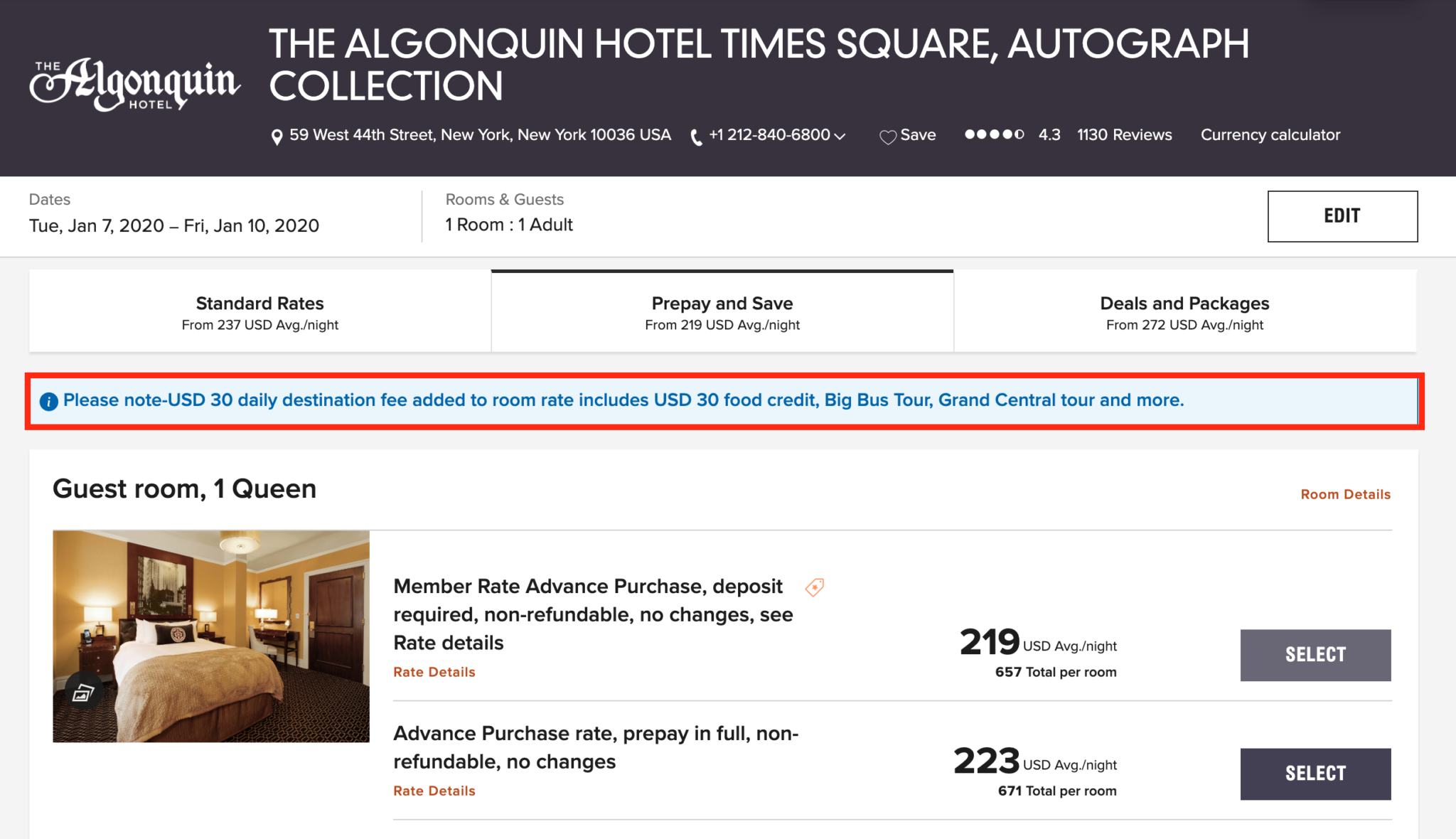 NYC hotel destination fee