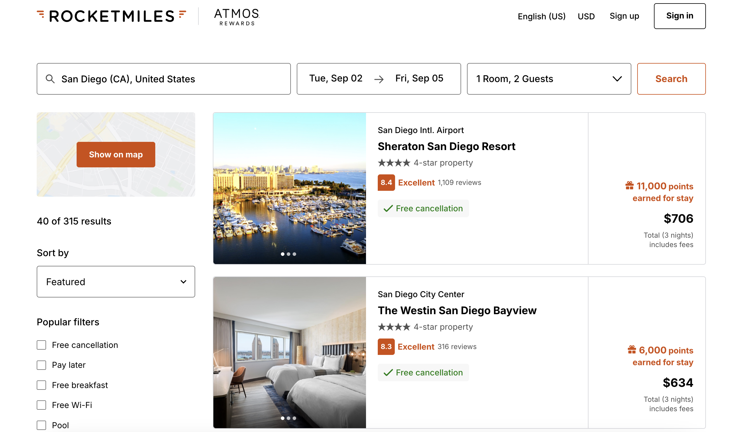 Rocketmiles Alaska Airlines Atmos Rewards search