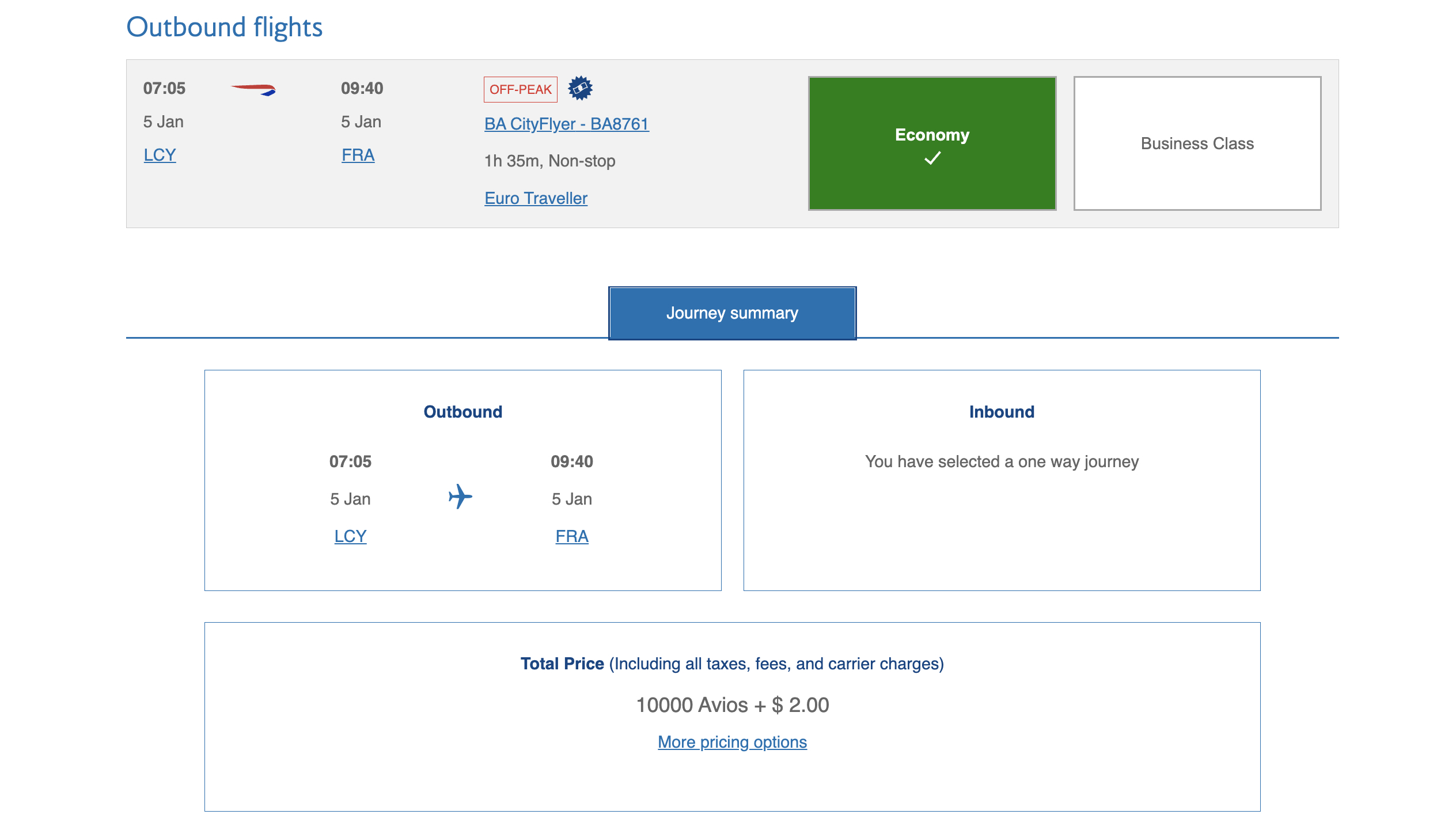ba avios lcy fra economy off peak