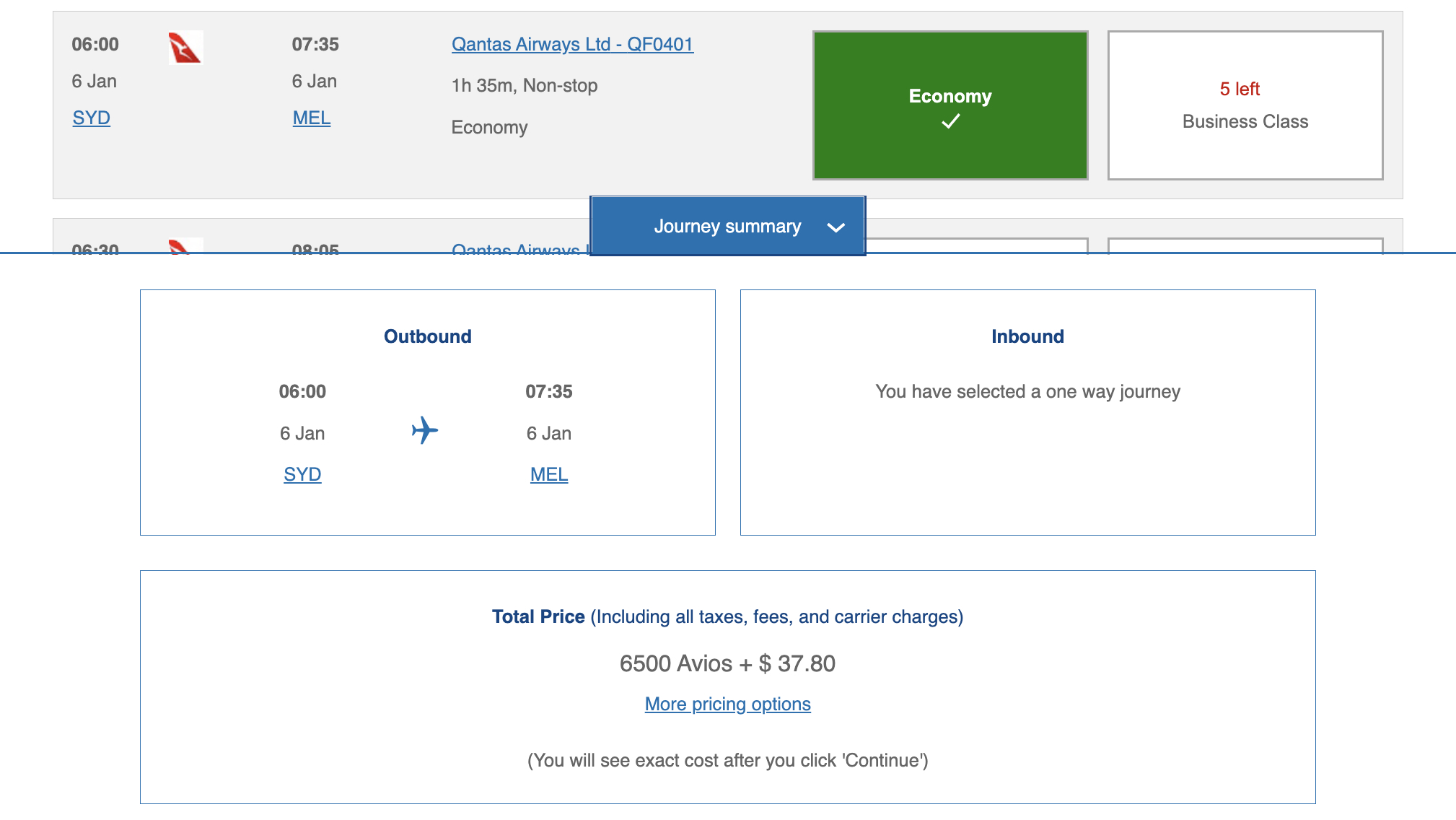 ba avios syd mel economy class