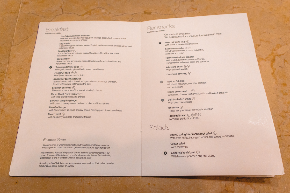 Virgin Atlantic Clubhouse JFK Bar Menu Breakfast, Snacks & Salad Virgin Atlantic Clubhouse JFK Bar Menu Breakfast, Snacks & Salads