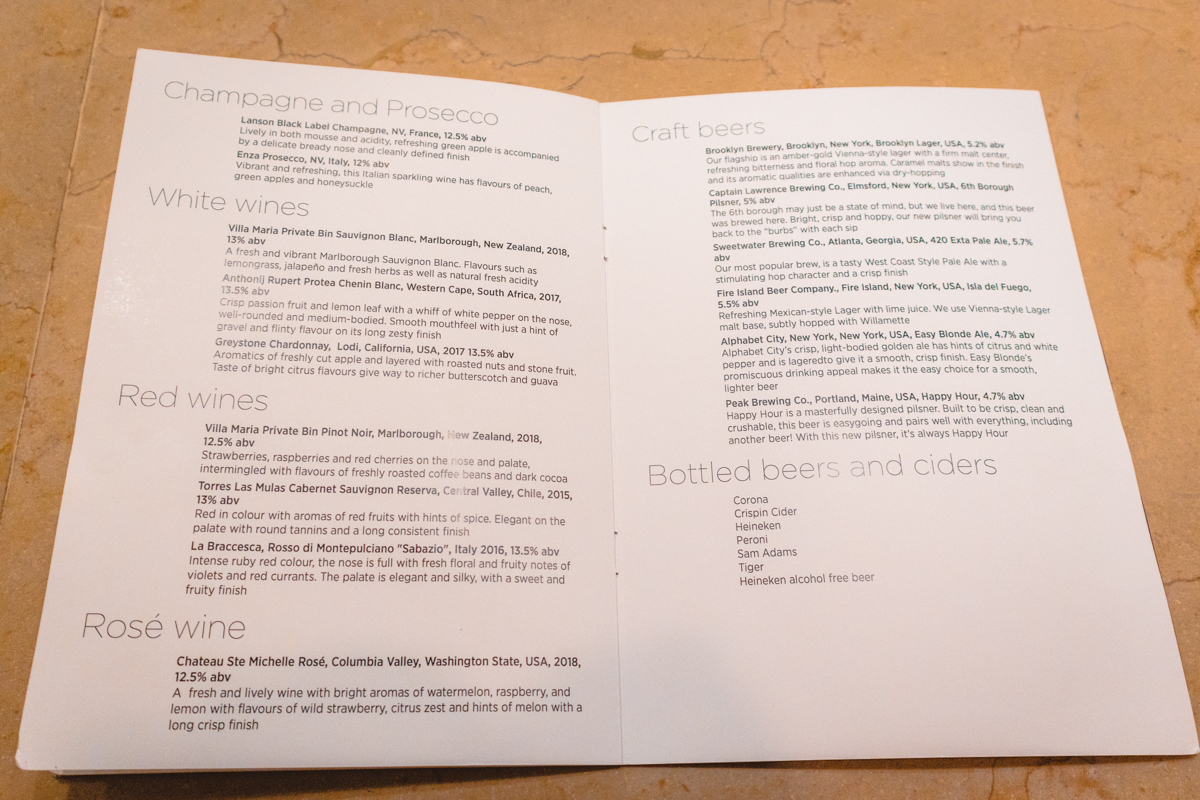 Virgin Atlantic Clubhouse JFK Champagne, Wines & Beer Menu