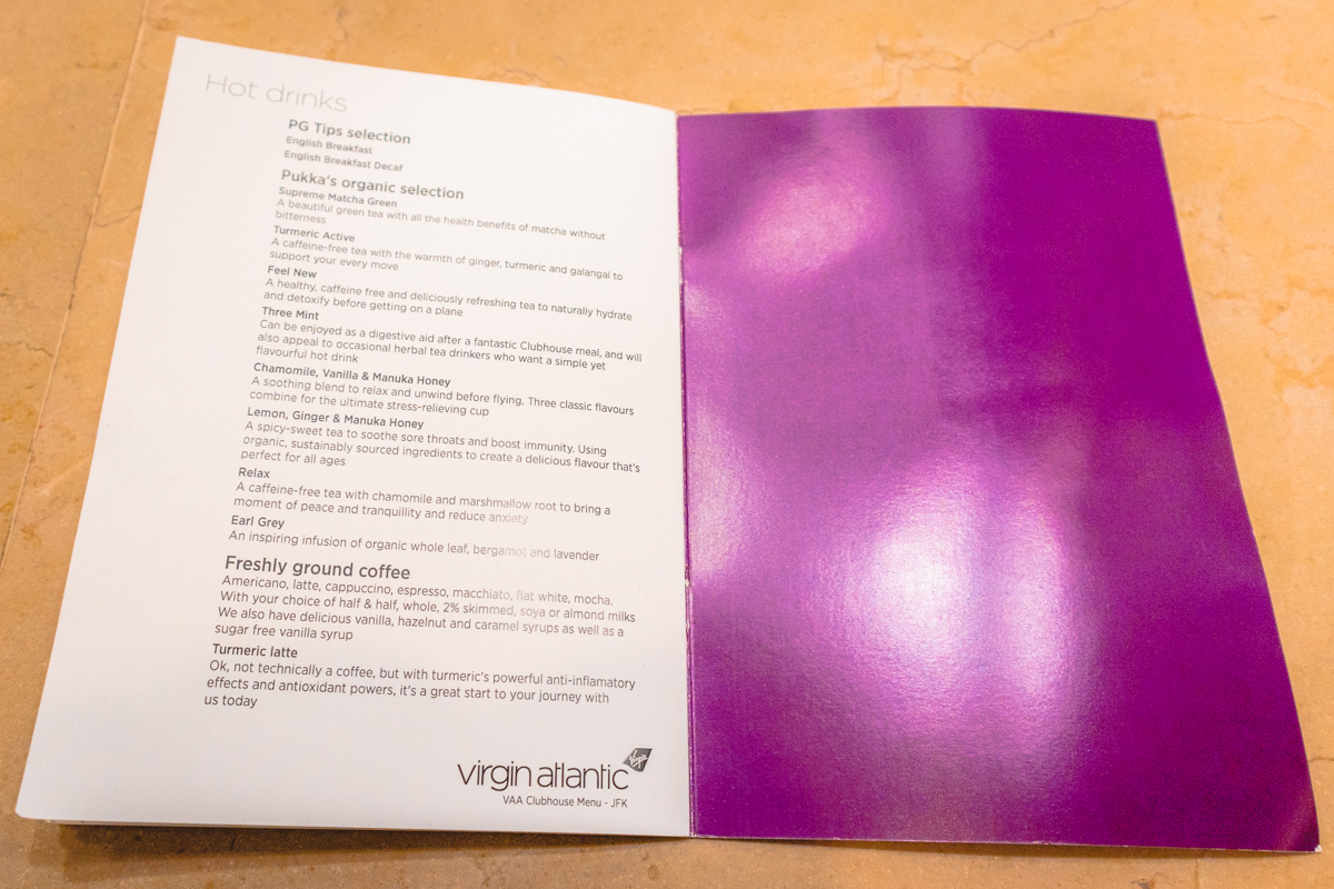 Virgin Atlantic Clubhouse JFK Hot Drink Menu Virgin Atlantic Clubhouse JFK Hot Drink Menu