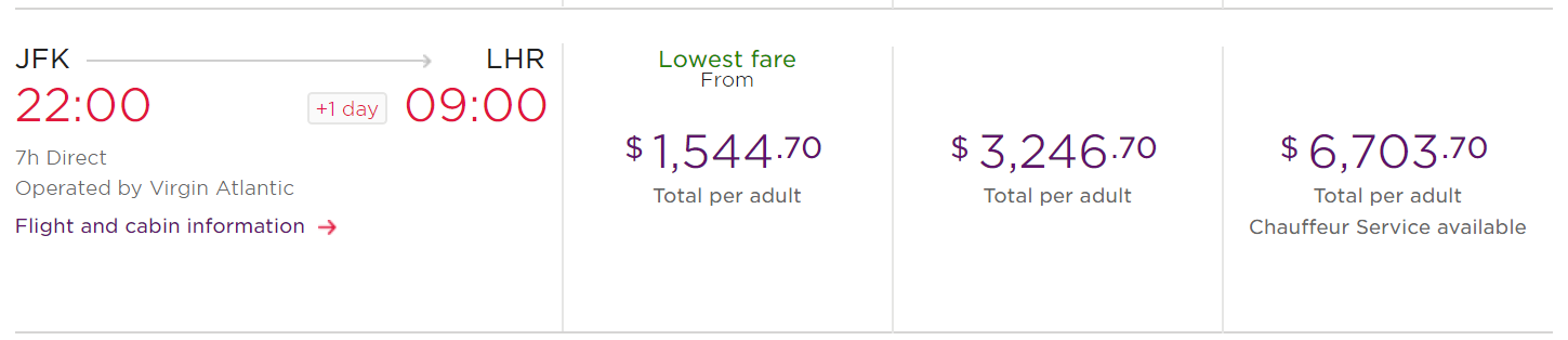 Virgin Atlantic Paid Fare Comparison