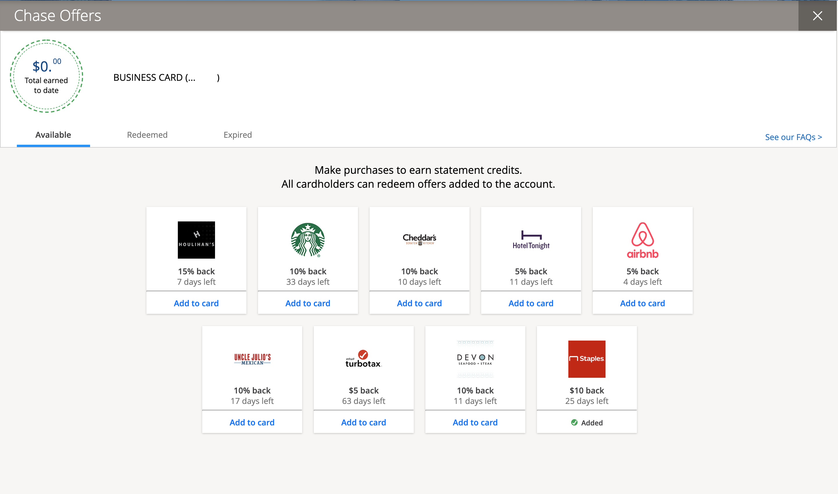 Adding Chase Offers to a Ink Business Card on Chase.com