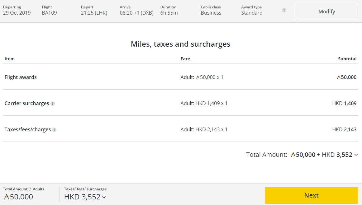 Booking British Airways award seats on Asia Miles