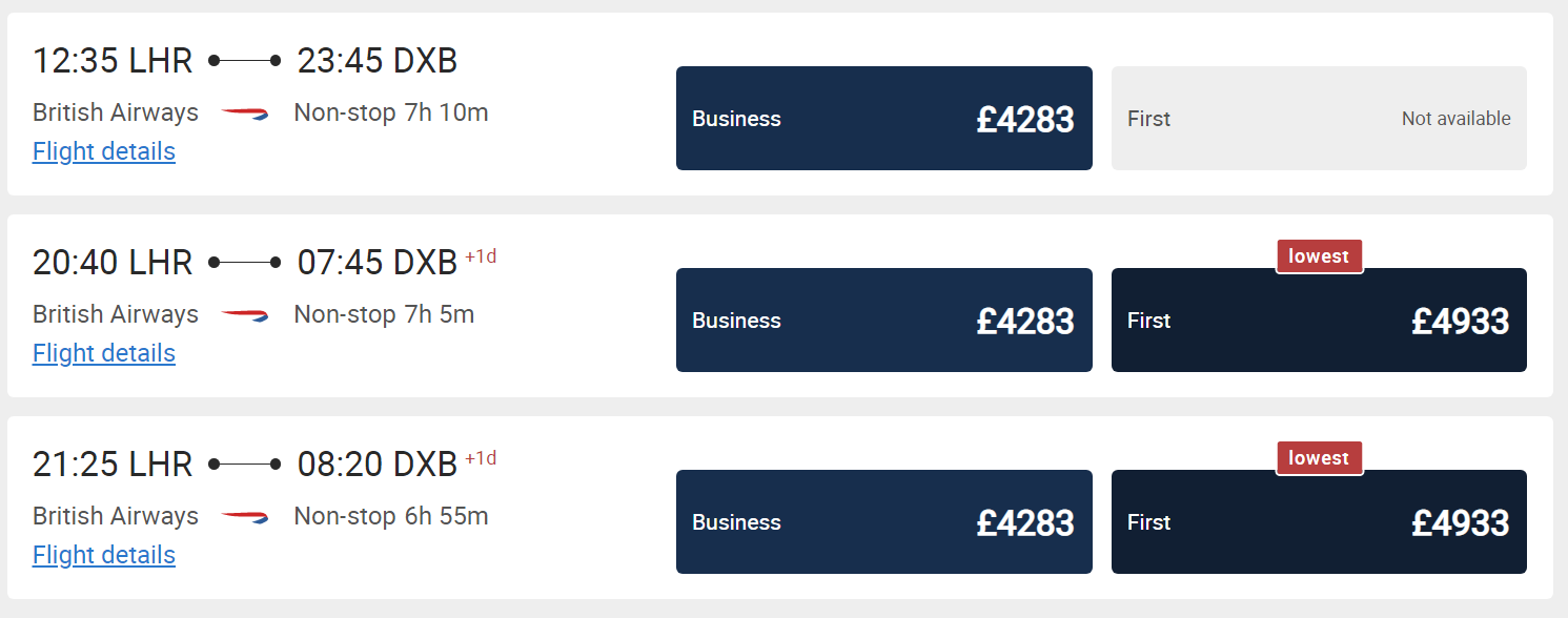 British Airways LHR DXB Paid Fare