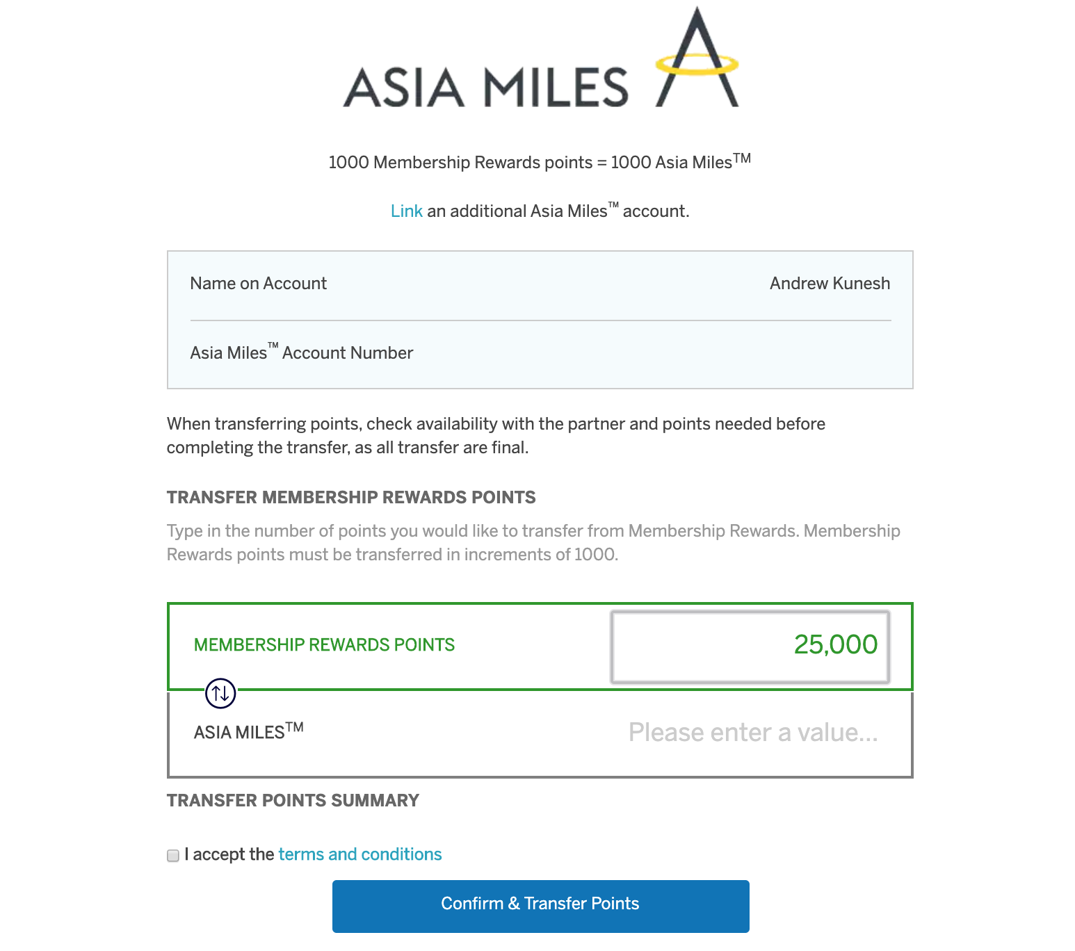 Choose How Many Points To Transfer to Your Transfer Partner of Choice