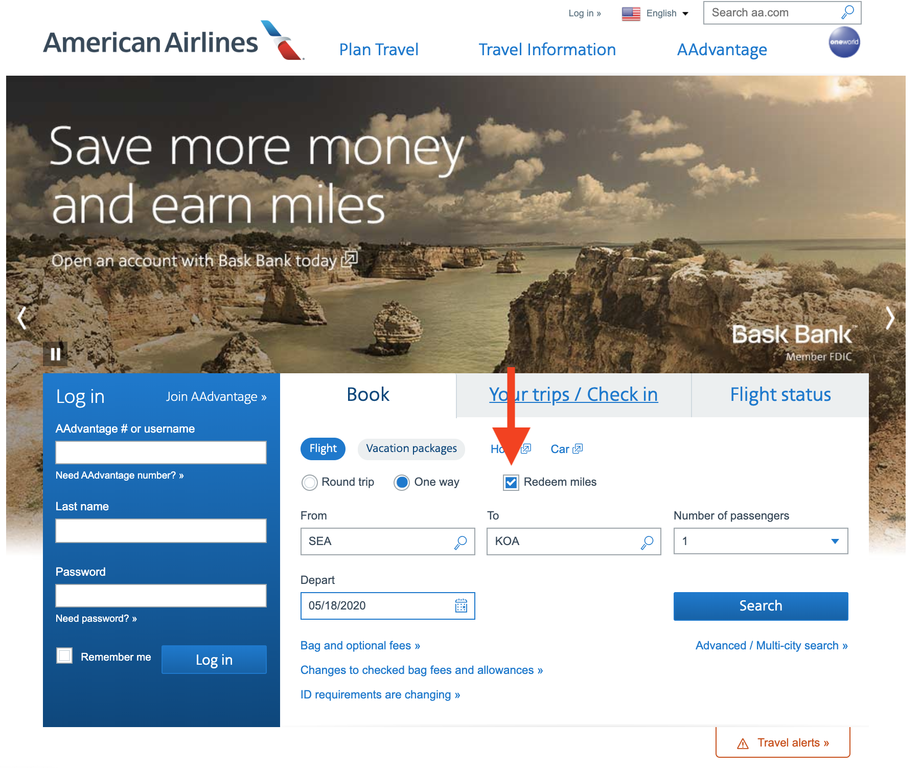 Enter Your Search Criteria on AA.com