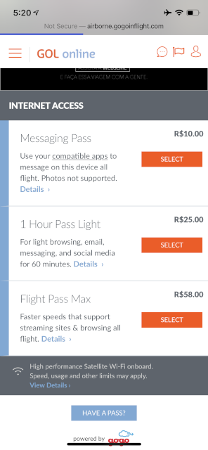GOL Inflight Internet Options