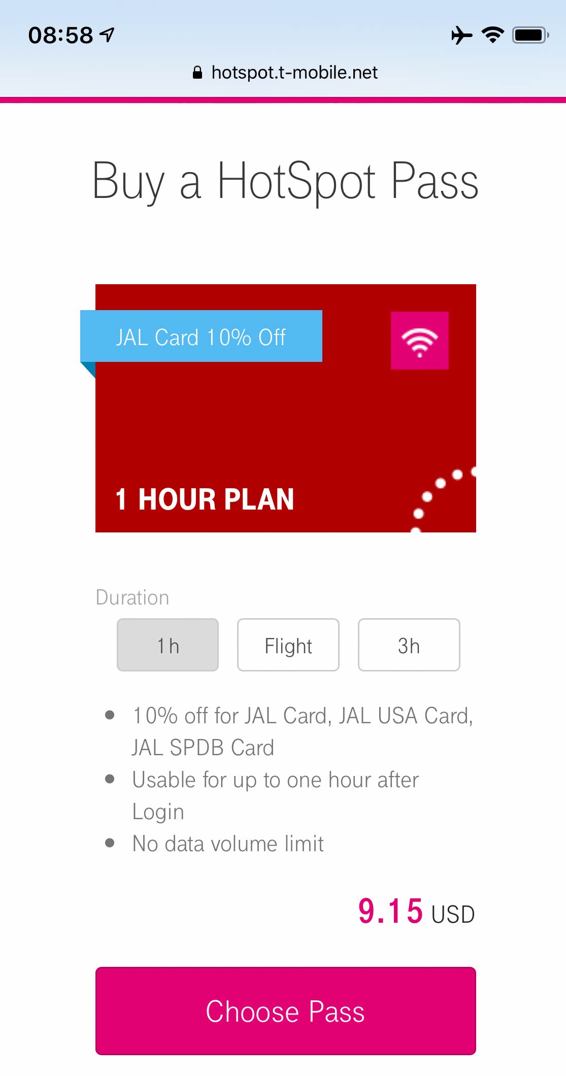 Japan Airlines Boeing 777 300ER First Class 1 hour WiFi rate
