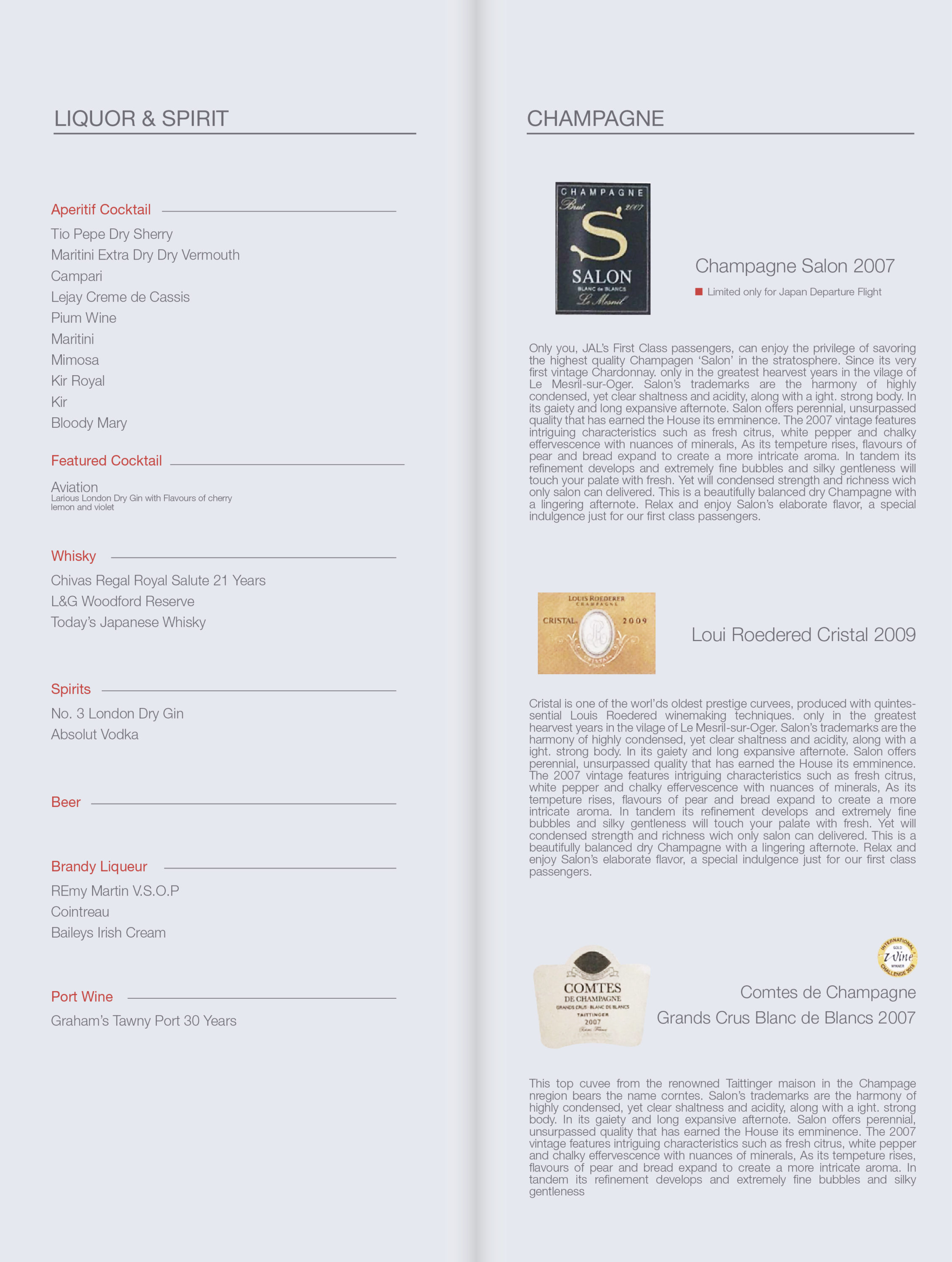 Japan Airlines Boeing 777 300ER First Class Champagne list