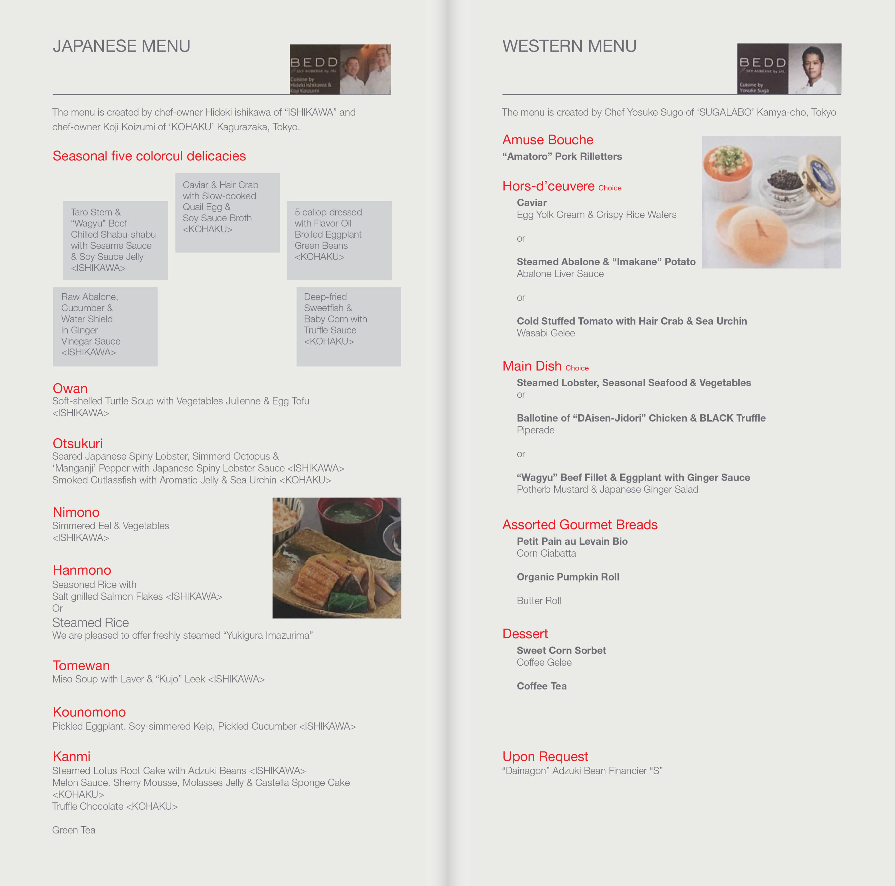 Japan Airlines Boeing 777 300ER First Class Food menu