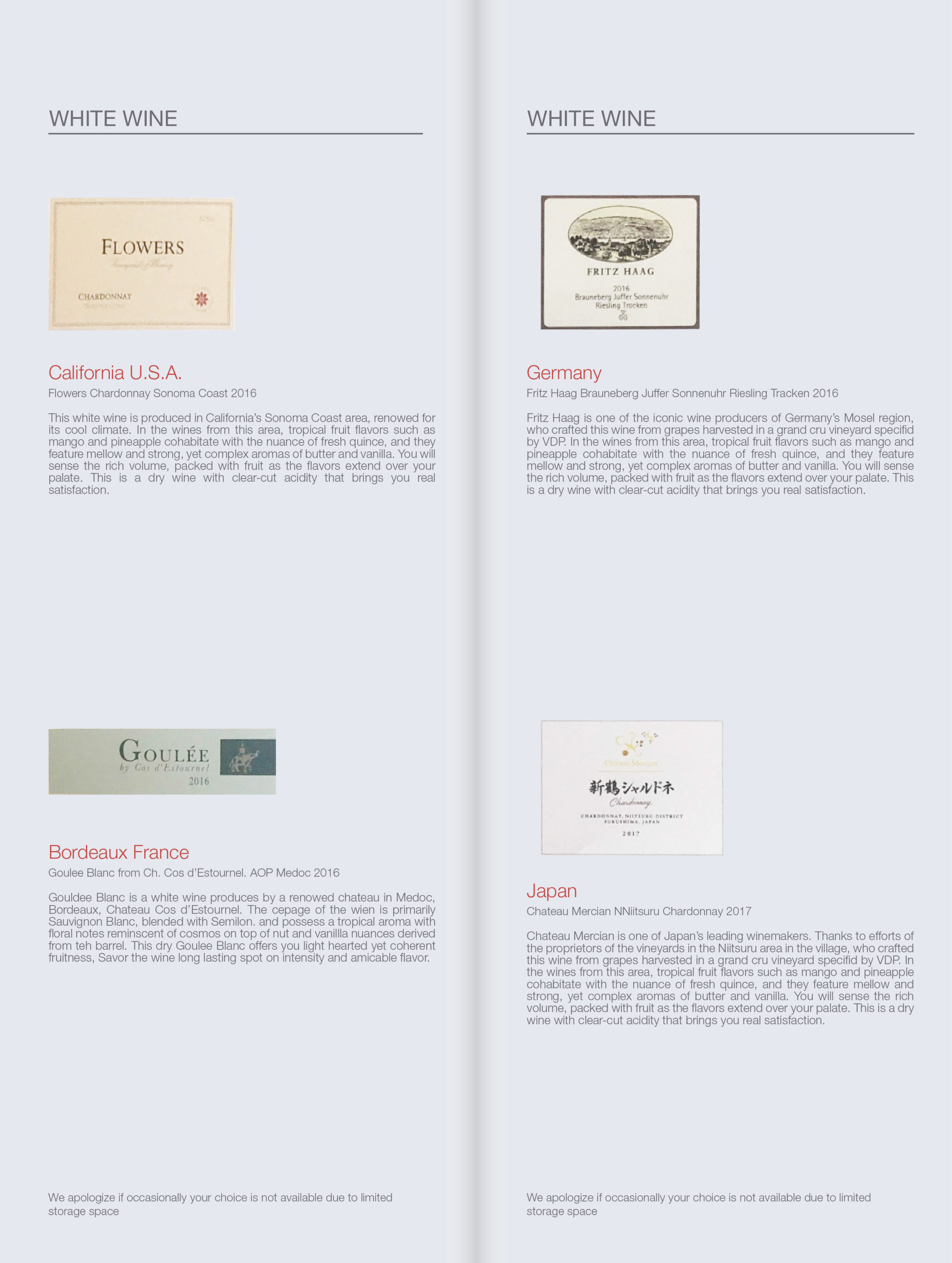 Japan Airlines Boeing 777 300ER First Class White wine list