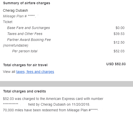 Japan Airlines First Class Ticket summary of charges
