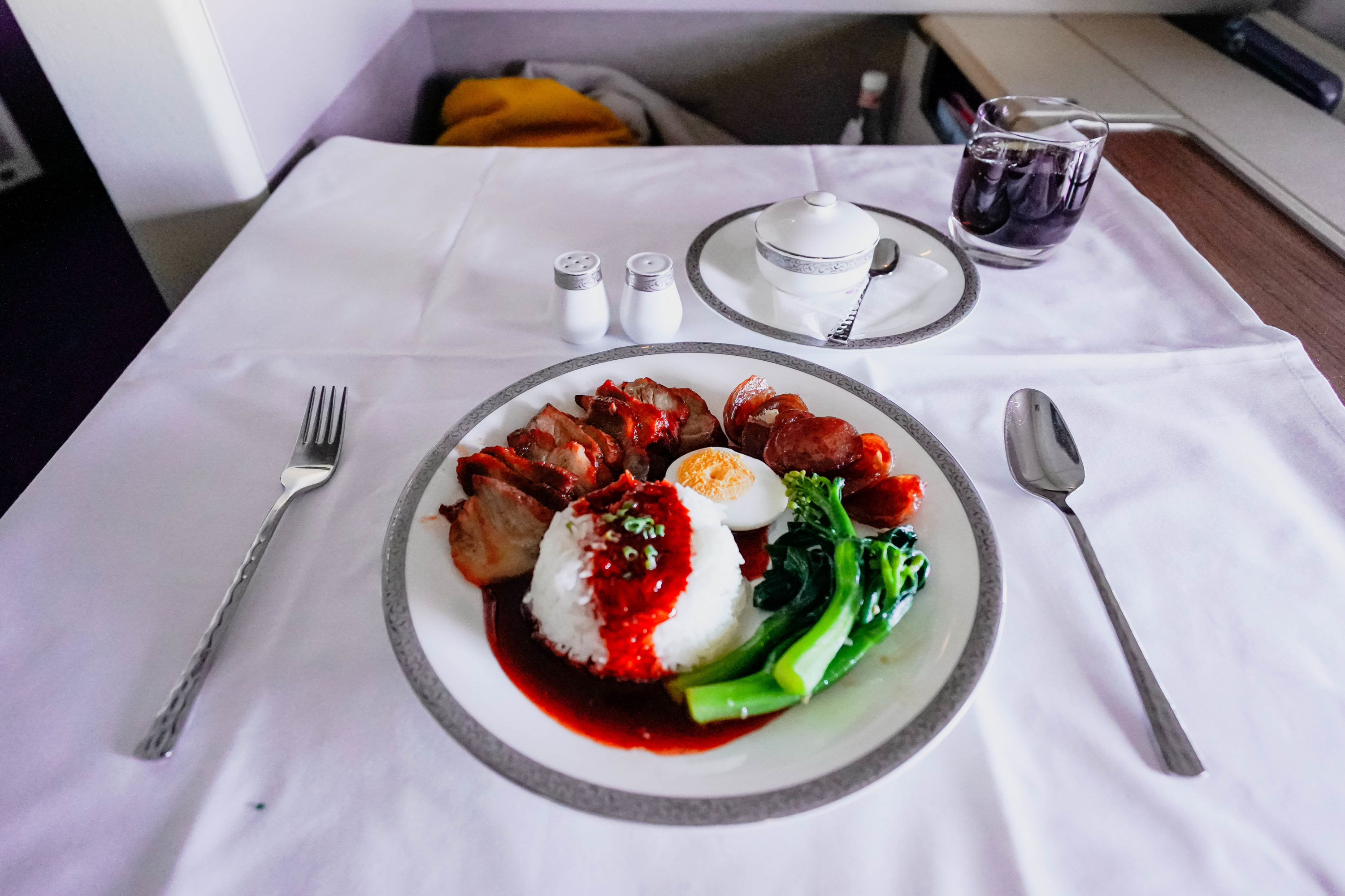 Thai Airways Boeing 747 400 First Class Barbecued pork with rice fried Chinese pork sausage and boiled egg