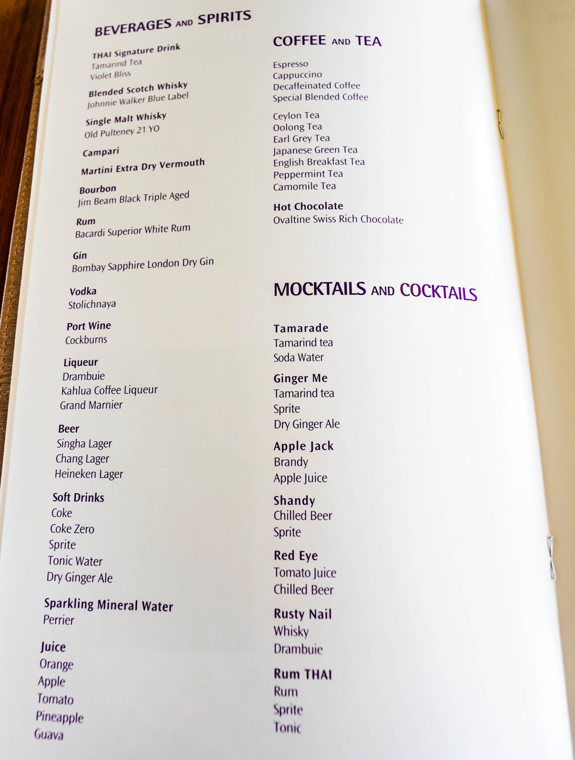 Thai Airways Boeing 747 400 First Class Beverage and Spirit list