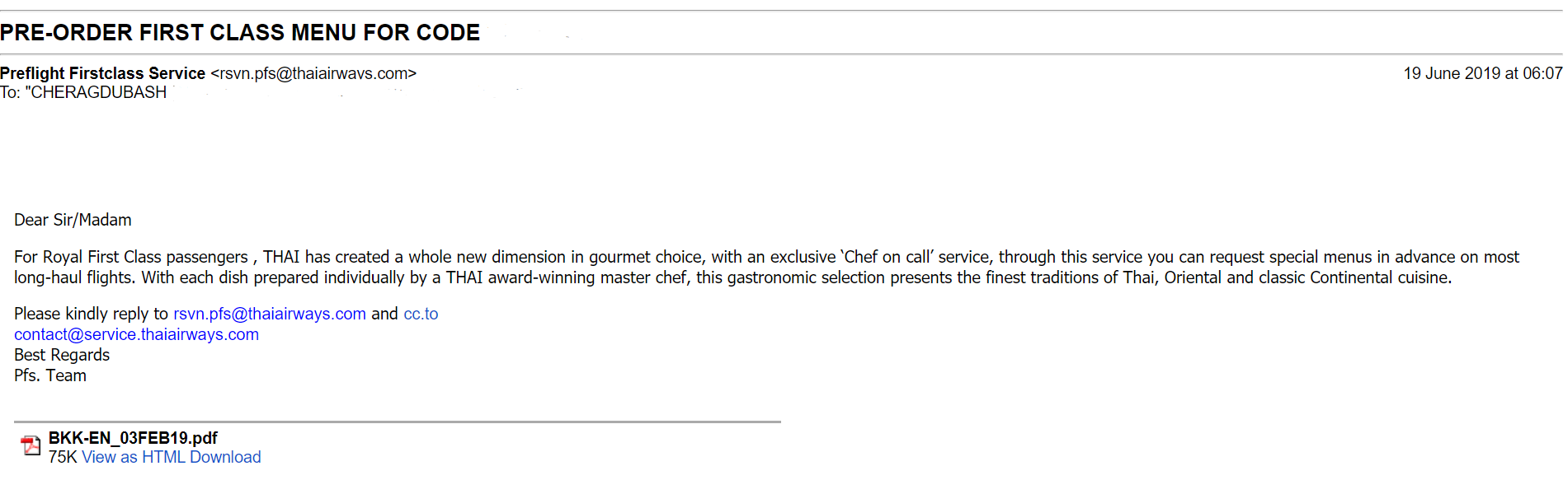 Thai Airways Boeing 747 400 First Class Chef on Call