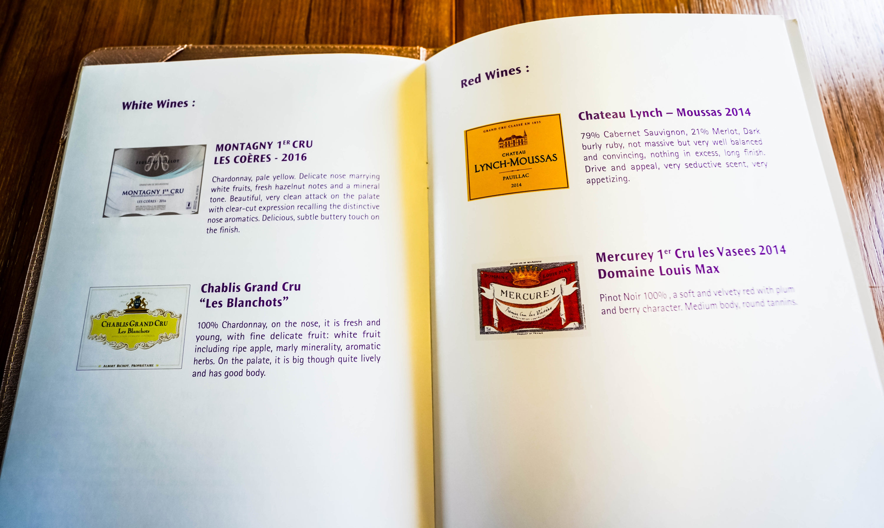 Thai Airways Boeing 747 400 First Class Wine list