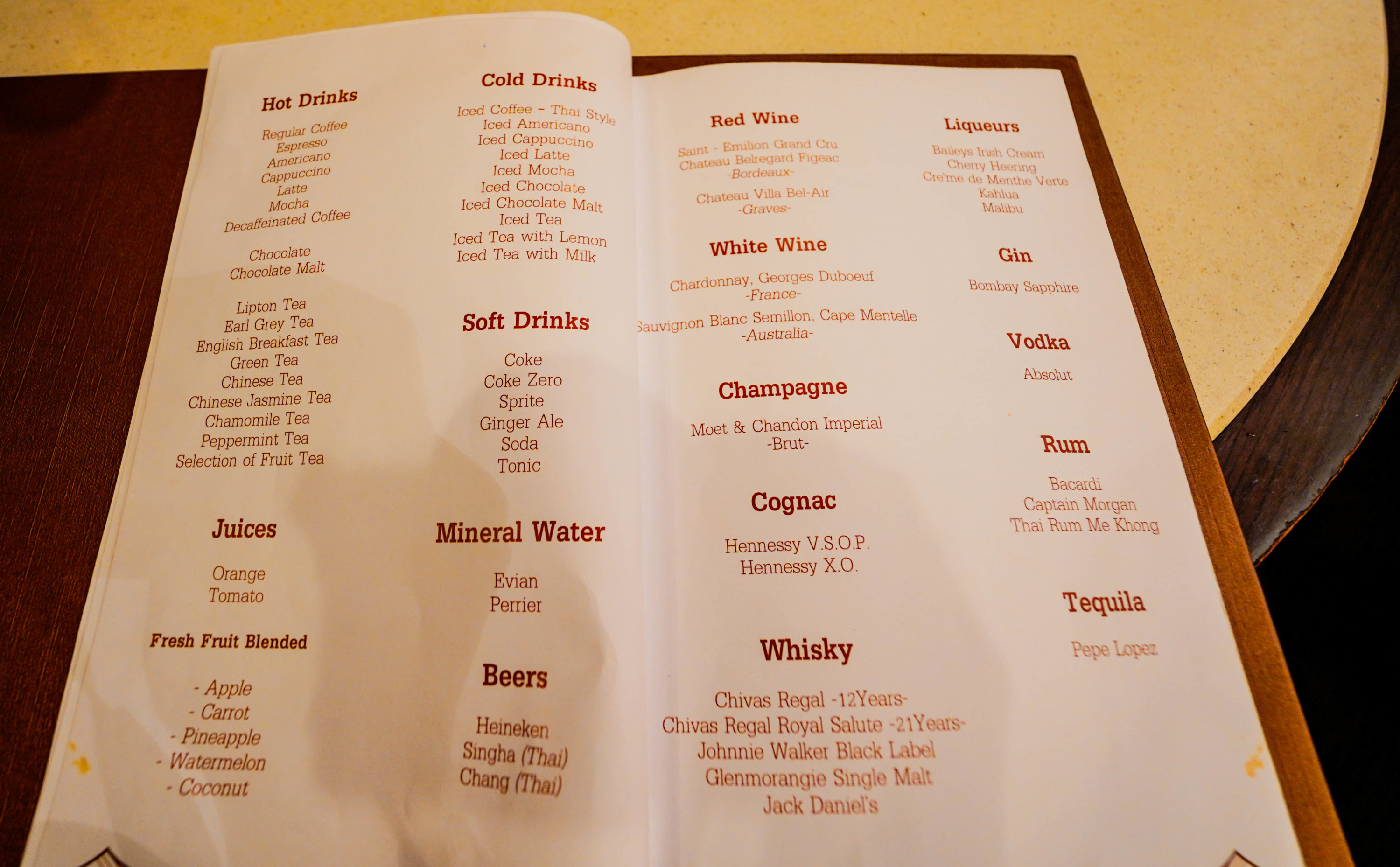 Thai Airways Royal First Lounge Menu Drinks