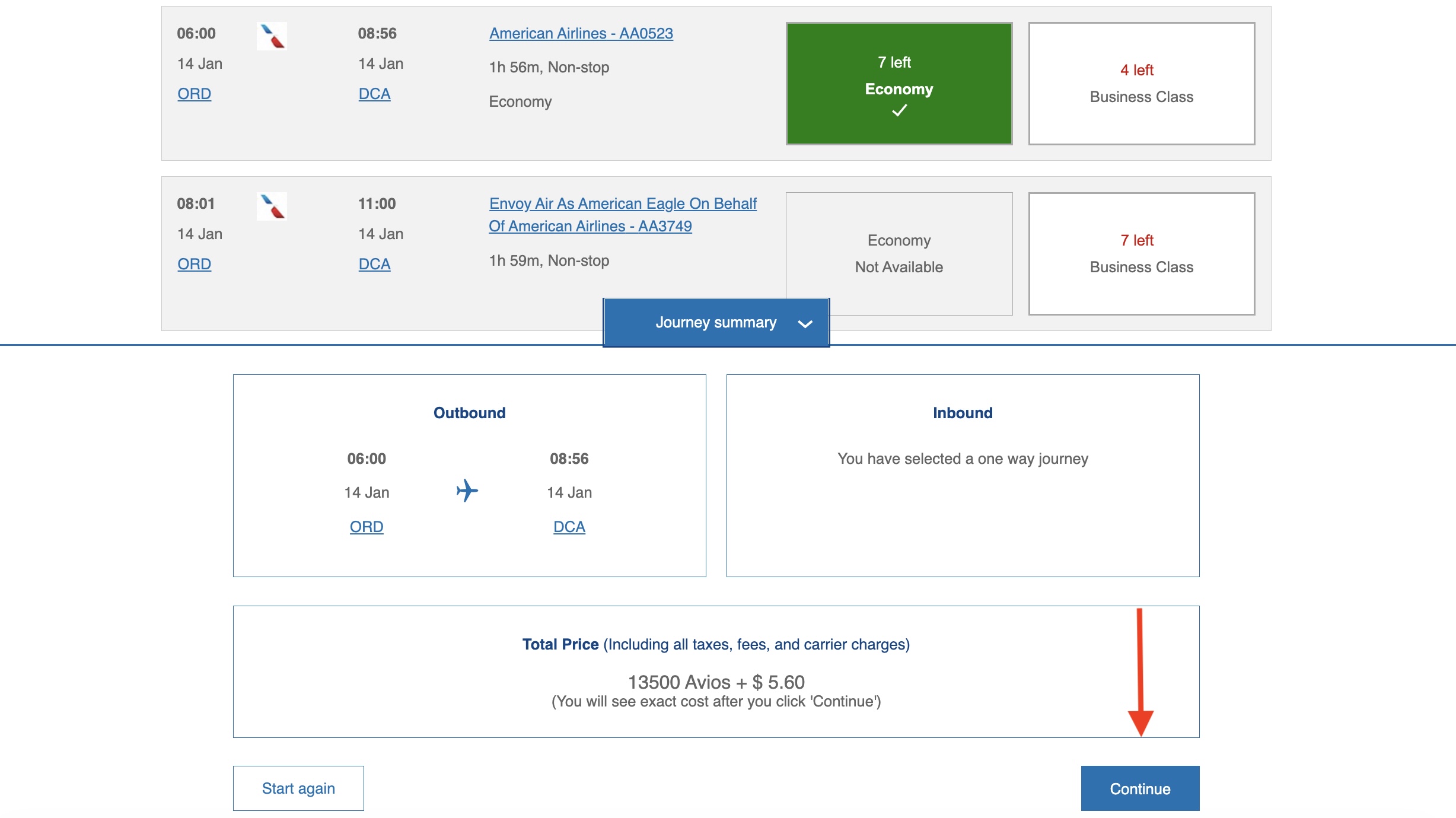 Selecting A Flight To Book With Avios ba avios ord dca award economy
