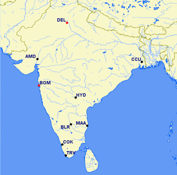 Air India hubs and focus cities