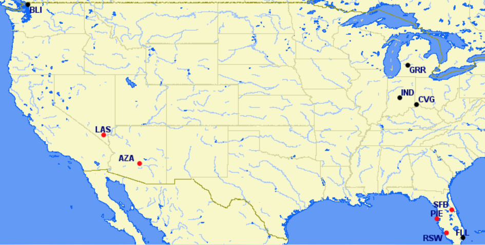 Allegiant hubs and focus cities