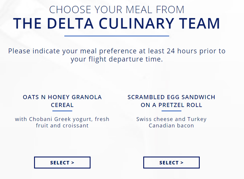Delta Airbus A220 First Class Breakfast Options