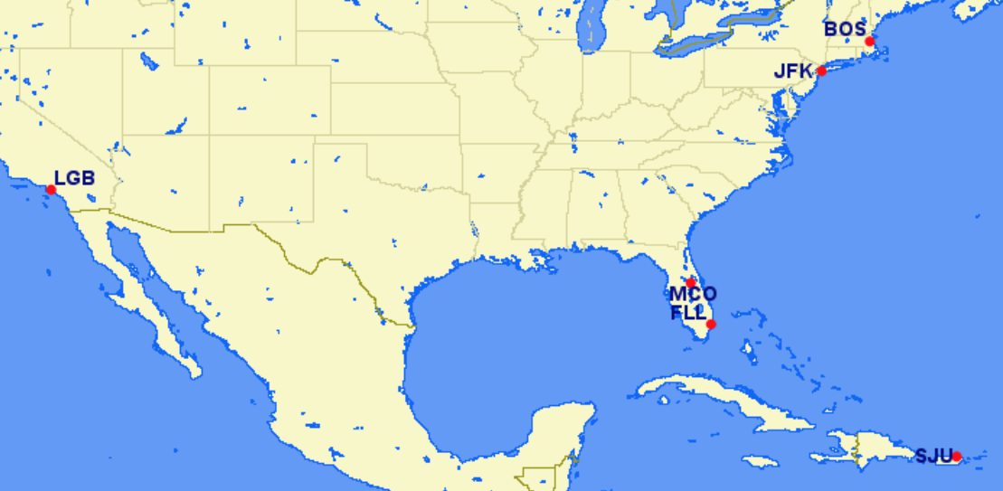 JetBlue hubs and focus cities