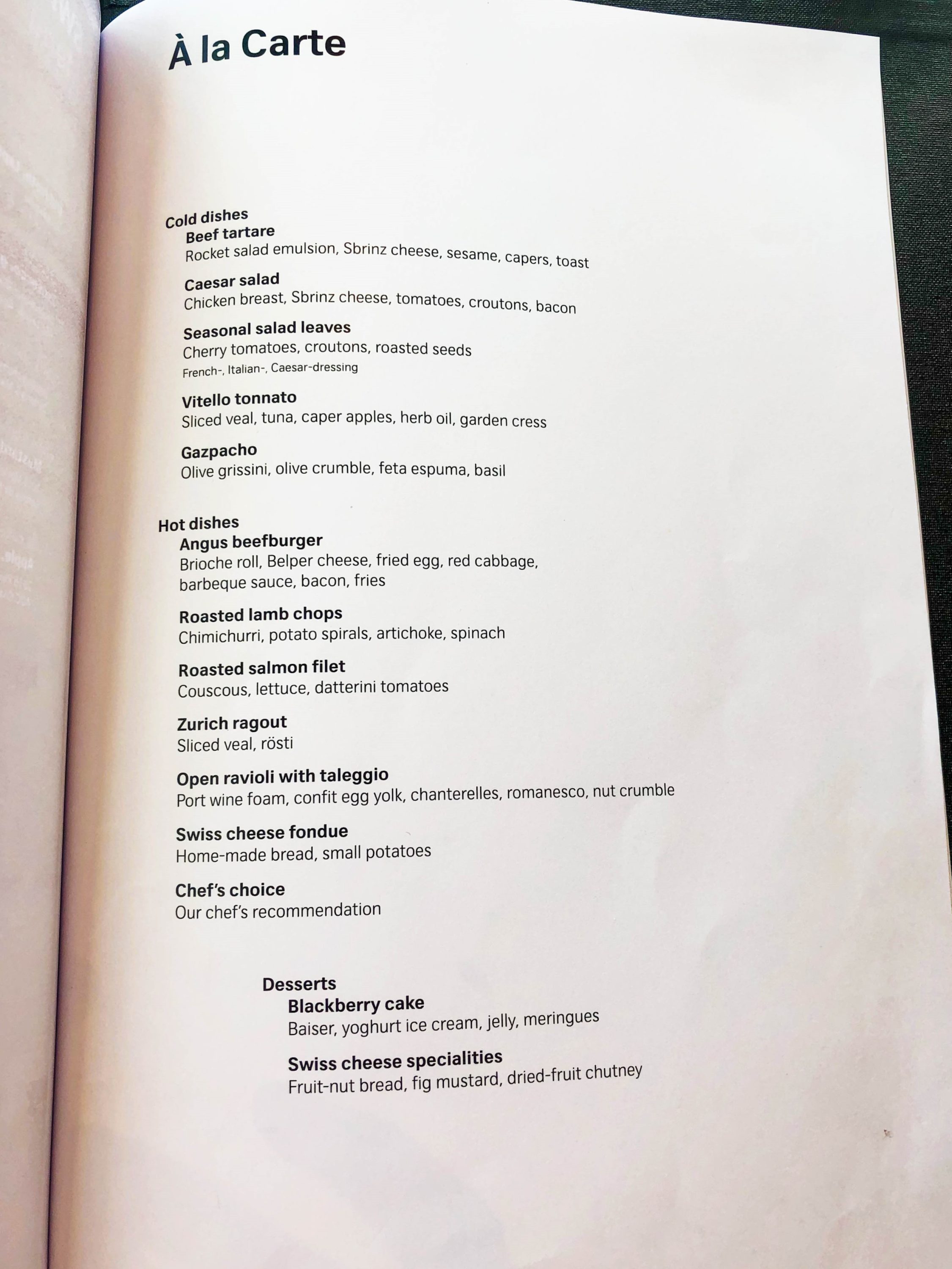 SWISS First Class Lounge A la carte dining menu