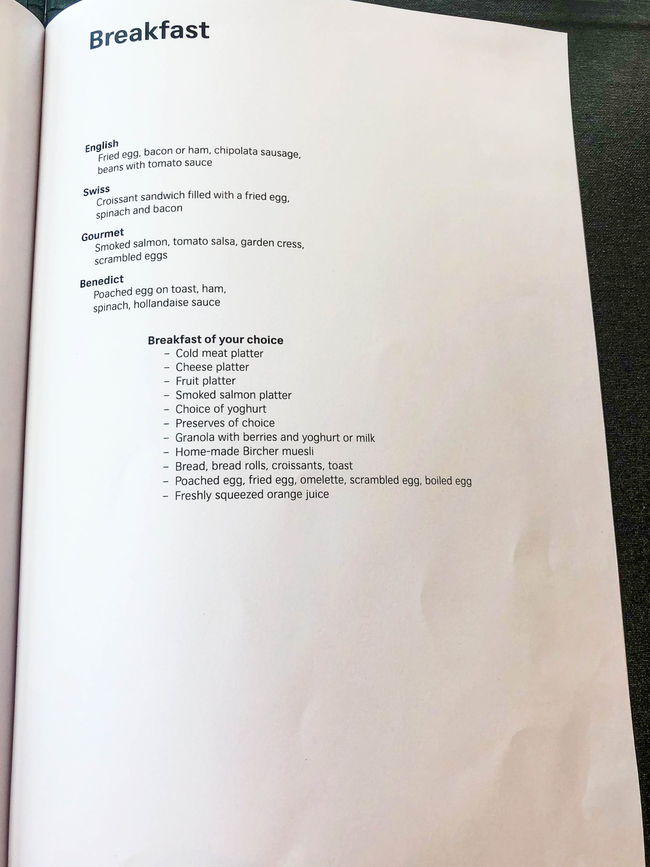 SWISS First Class Lounge Breakfast menu