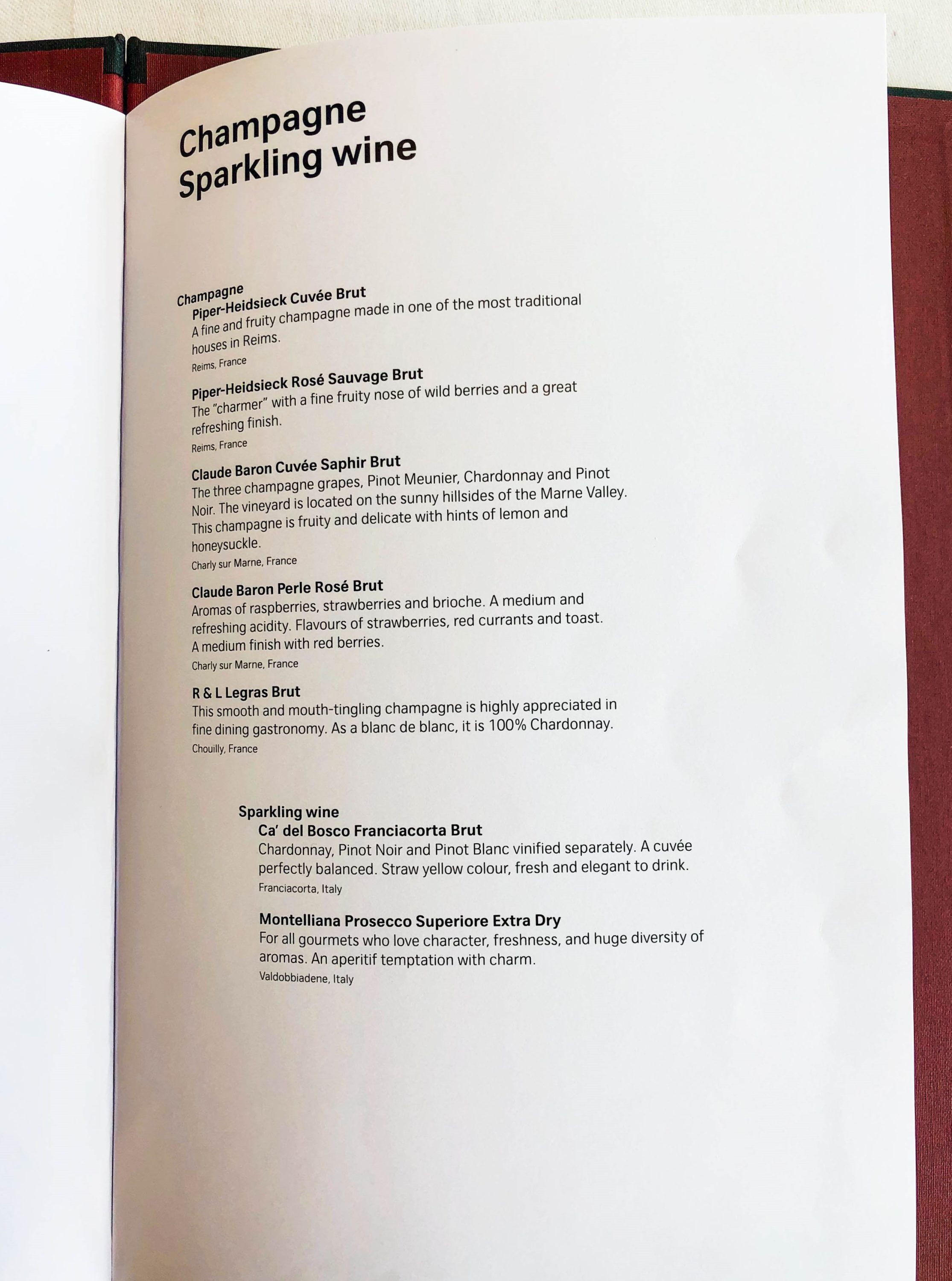 SWISS First Class Lounge Champagne list
