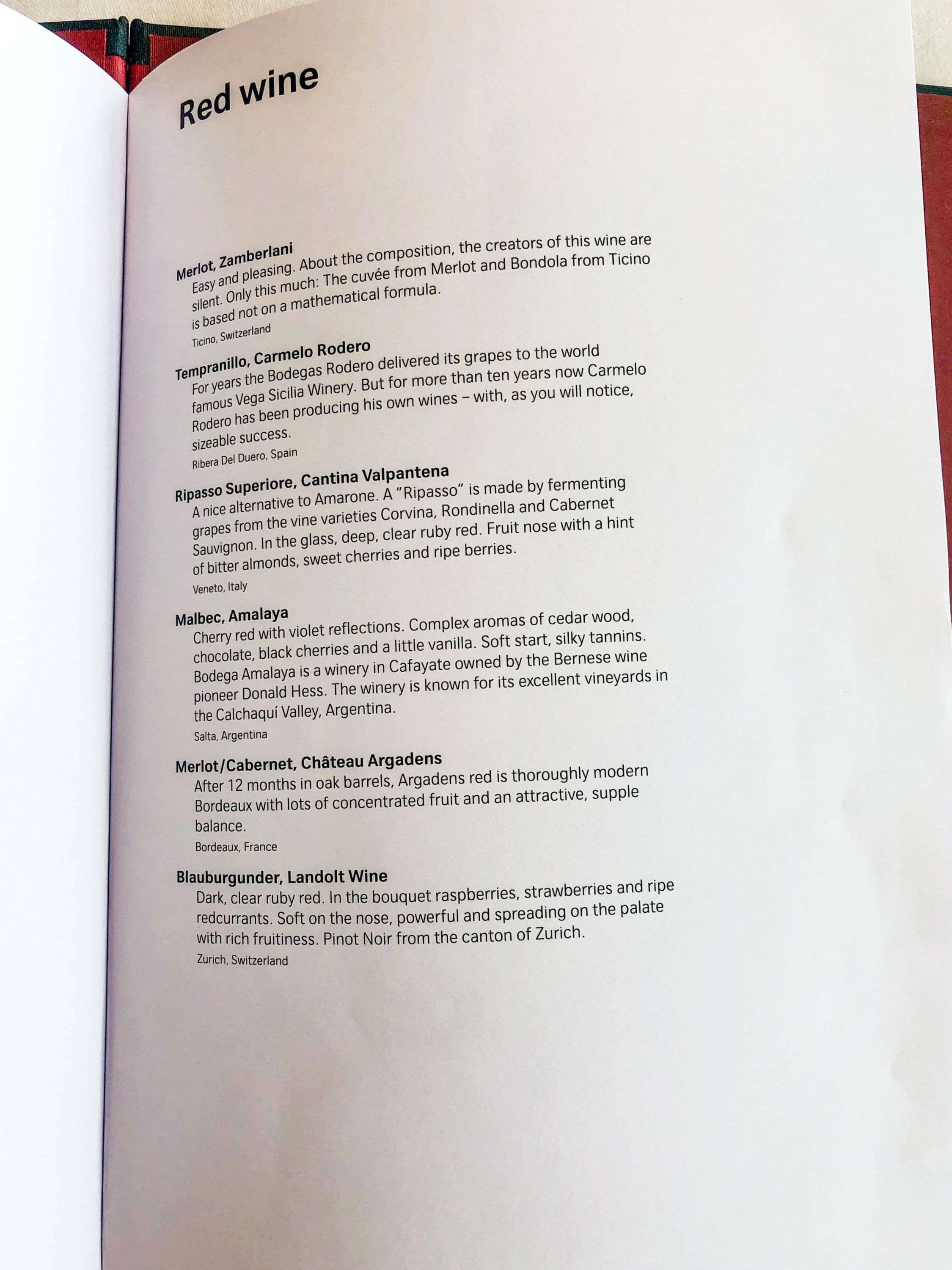 SWISS First Class Lounge Red wine list